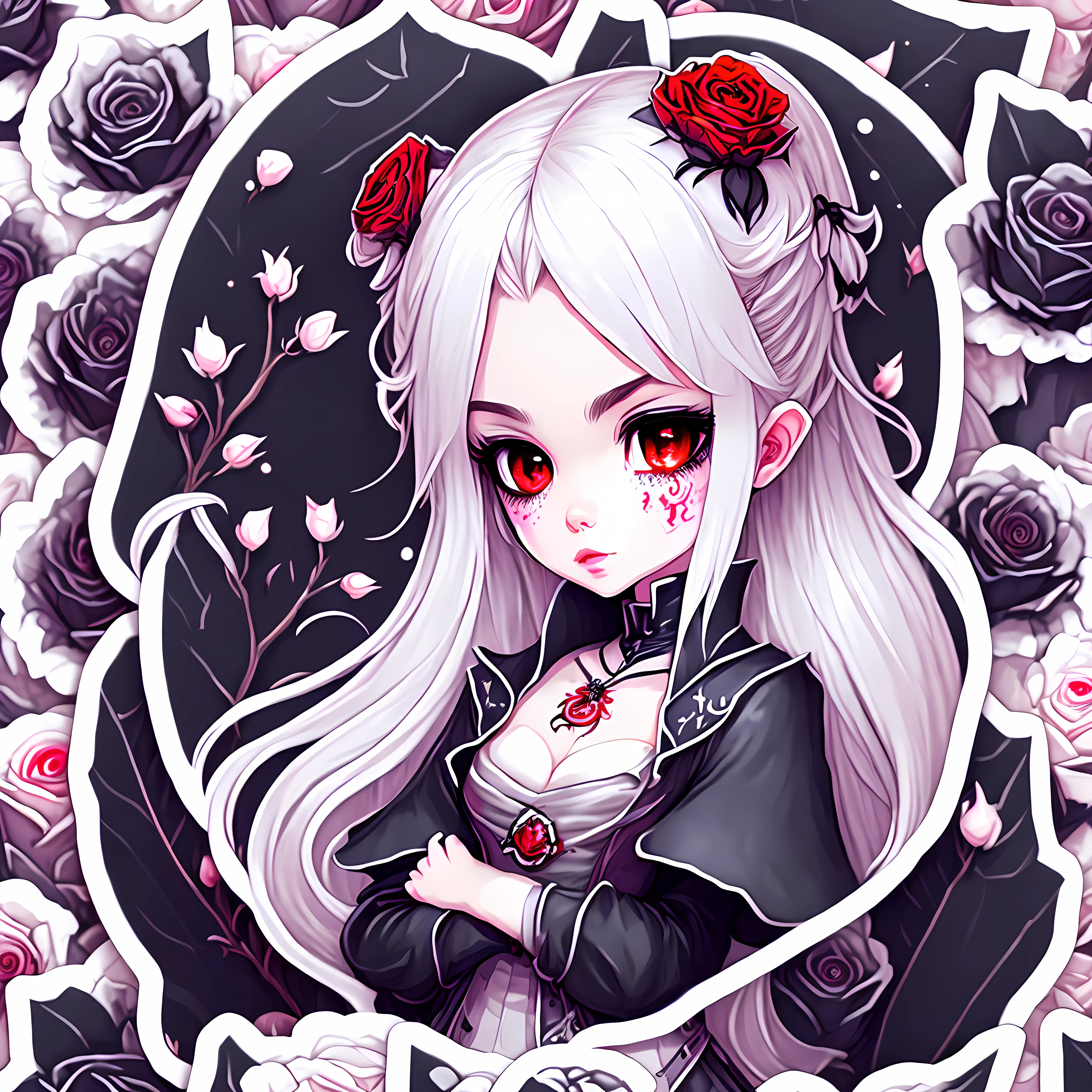 sticker anime Chibi Vampire girl, long white hair, gothic style, roses in hair,dark black eyelashes ,glowing red eyes, digital illustration, comic style, gothic renaissance, perfect anatomy, centered, approaching perfection, dynamic, highly detailed, watercolor painting, artstation, concept art, smooth, sharp focus, illustration, art by wlop and ross tran ,