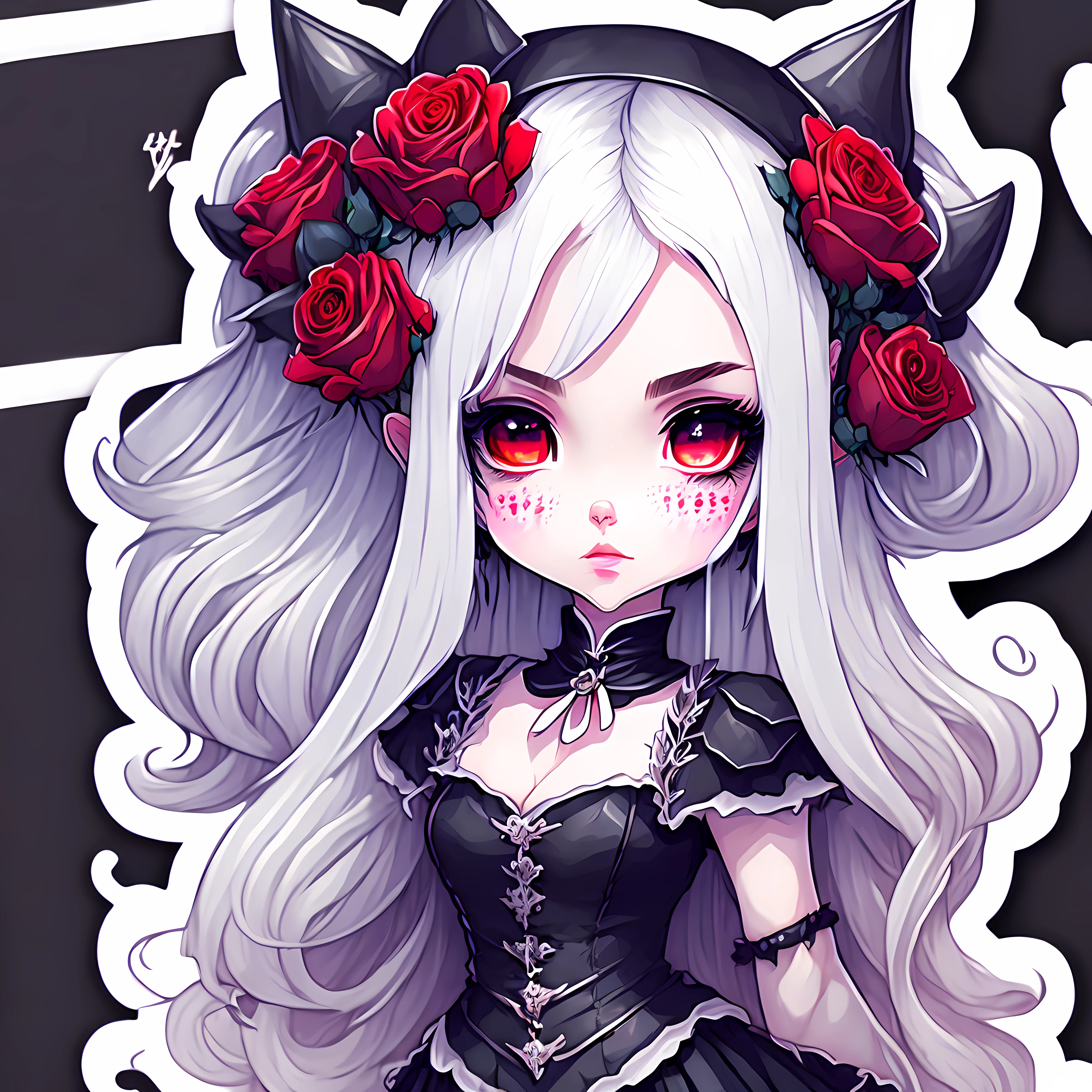 sticker anime Chibi Vampire girl, long white hair, gothic style, roses in hair,dark black eyelashes ,glowing red eyes, digital illustration, comic style, gothic renaissance, perfect anatomy, centered, approaching perfection, dynamic, highly detailed, watercolor painting, artstation, concept art, smooth, sharp focus, illustration, art by wlop and ross tran ,