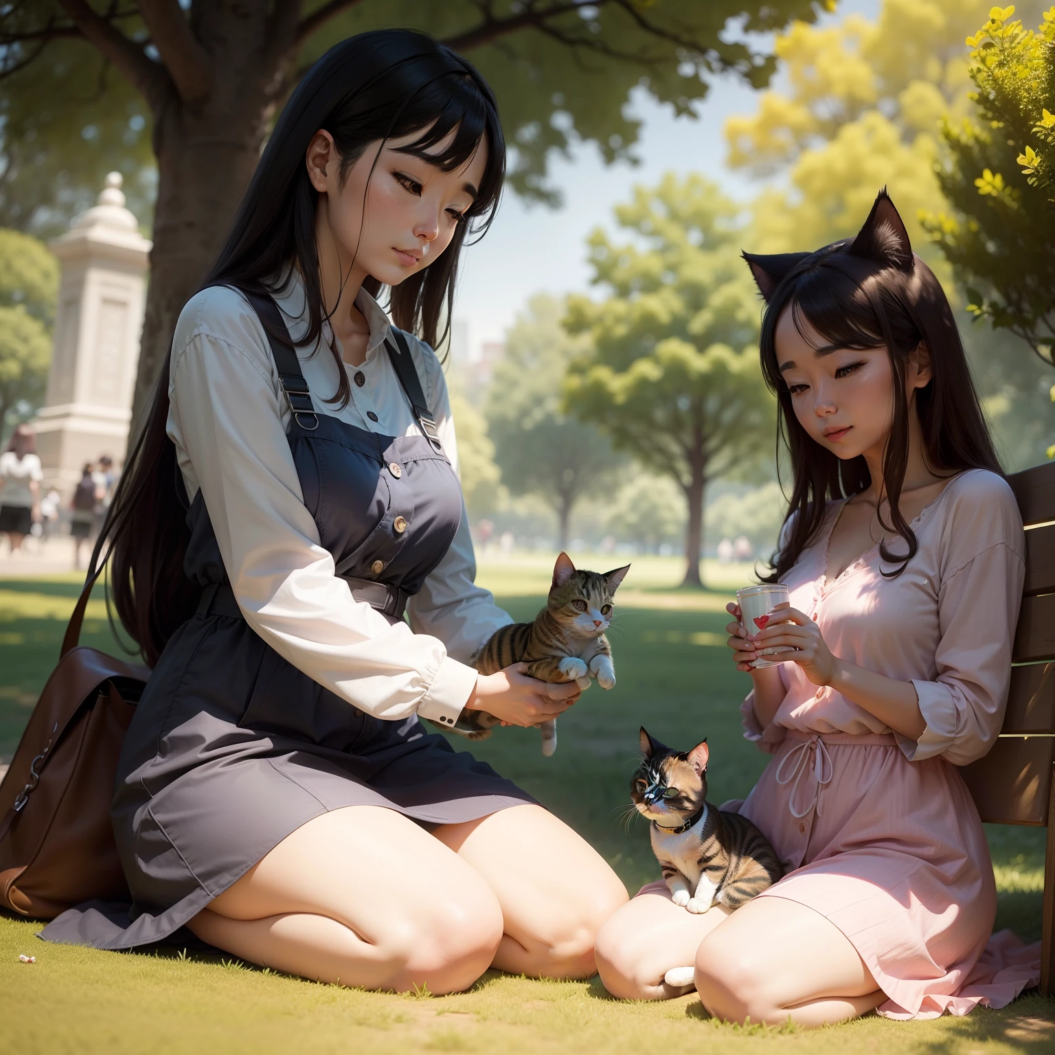 When a woman is relaxing in the park、A cat appears、Woman and cat got along and began to live。