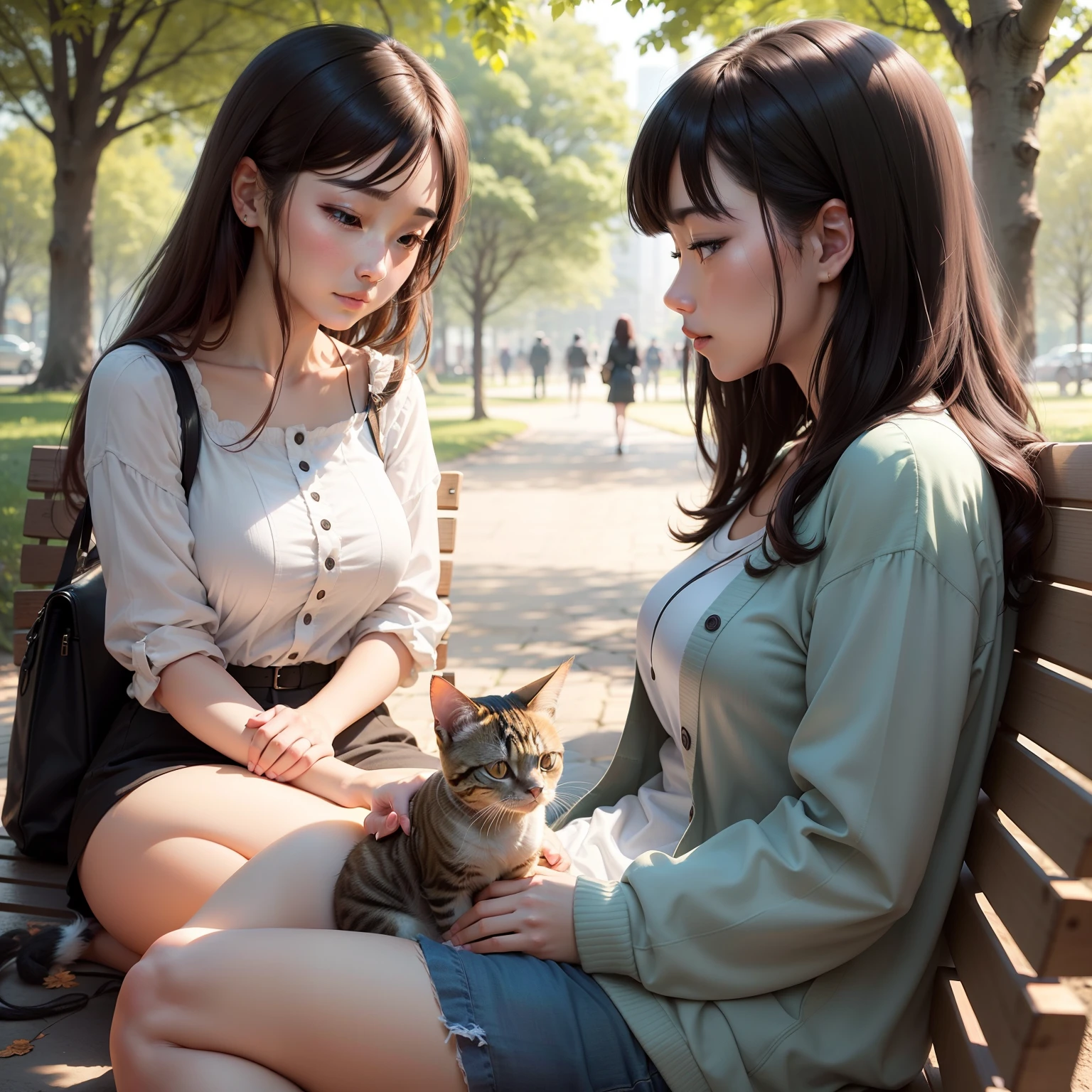 When a woman is relaxing in the park、A cat appears、Woman and cat got along and began to live。