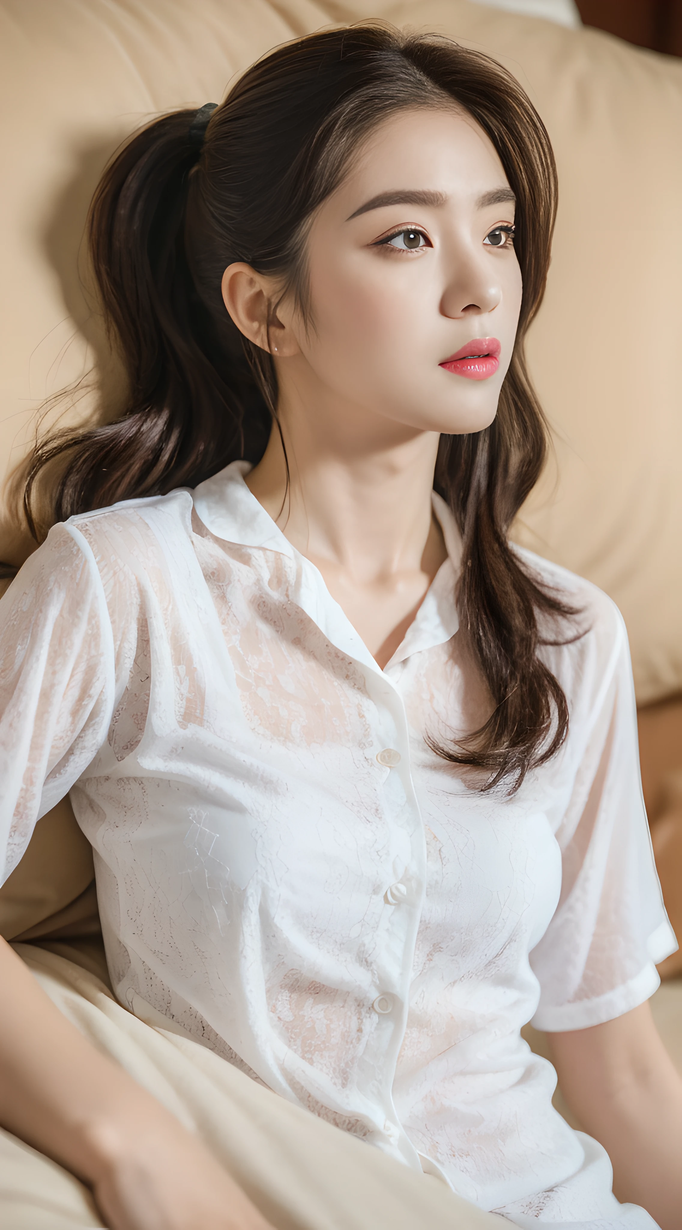 (Best quality, 8k, 32k, masterpiece, UHD: 1.5), photo attractive beautiful woman, 1 girl, (pony tail hair), abs, perfect figure, ultra-detailed face, detailed lips, fine eyes, double eyelids, pajamas with flowers, in bed, (alluring), ((arousal: 1.5)),film camera,50 mm, (Photorealism)