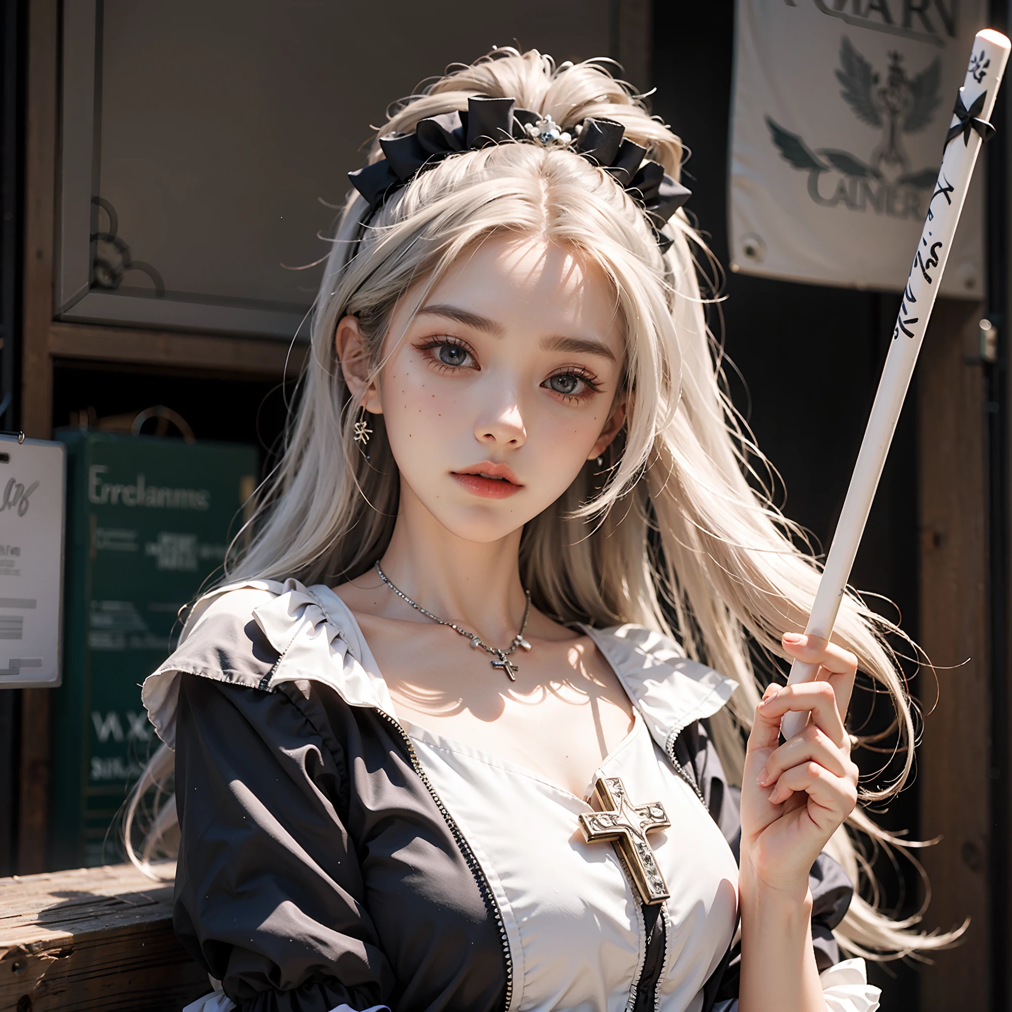 Has white hair,A woman with a cross on her head, long white hair, Anime cosplay, cosplay of a catboy! maid! dress, with long white hair, Anime girl cosplay, white haired Cangcang, Guviz, White-haired, White-haired god, cosplay, Loli, lollipop, Lolita style, intense white hair, Perfect white haired girl
