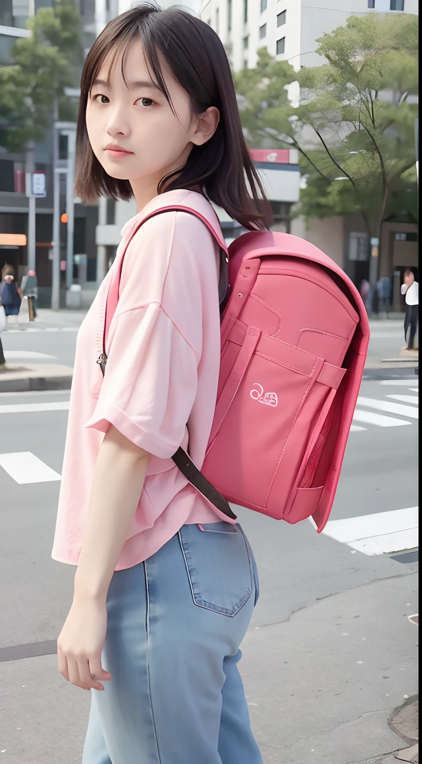 RAW photo, portrait, best quality, high res,
(1 women:1.3), solo, wearing plaid shirt, wear denim pants, street background, fullbody, wearing pink randoseru backpack, view from side