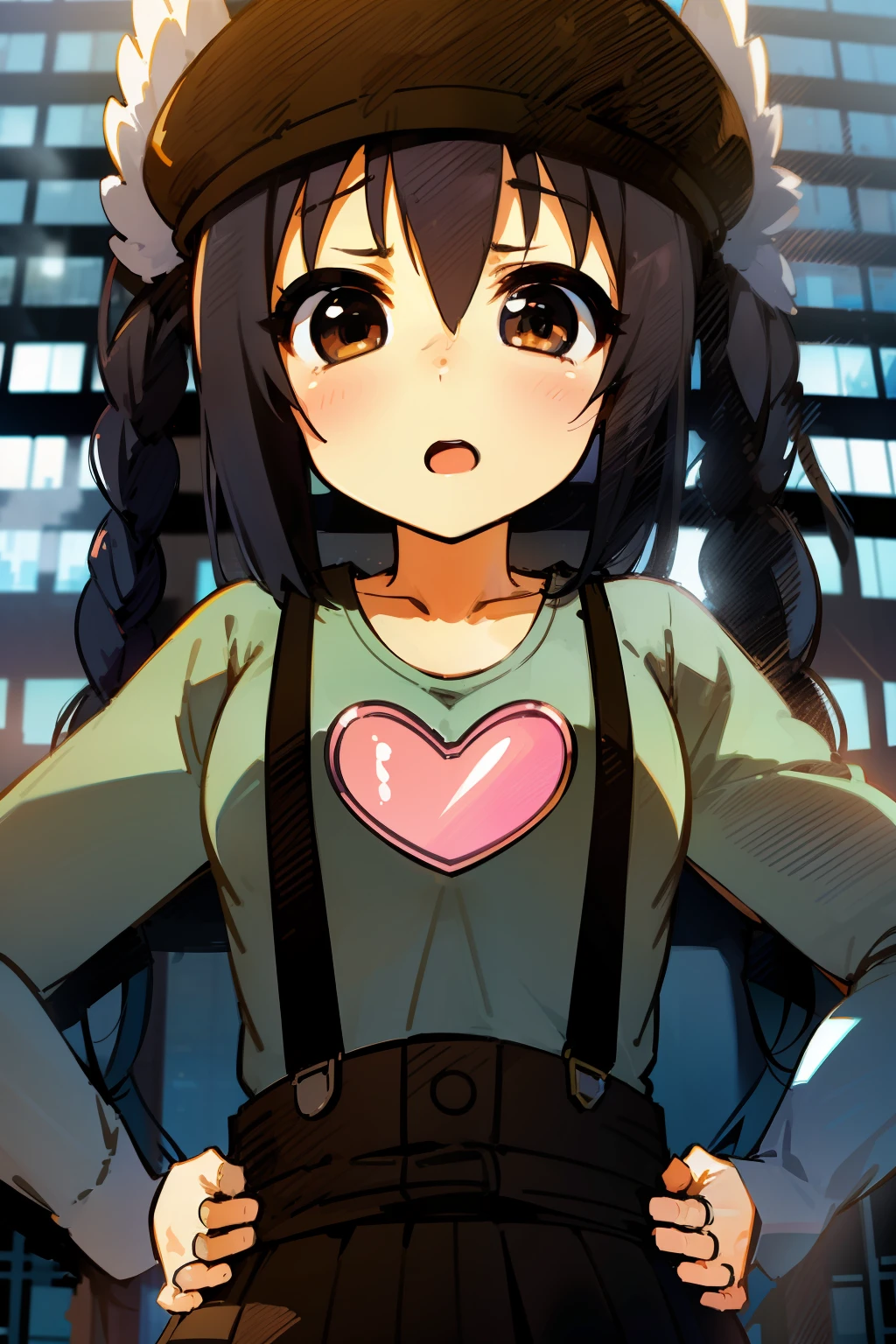 1girl, (((masterpiece))), top-quality, top-quality, High Details, nakano azusa, 1girl, Twin-tailed, length hair, A dark-haired, brown-eyed, Gray T-shirt.suspenders.a black skirt.illustratio, comic strip, soothing tones, Subdued Color, Soft cinematic light, adobe lightroom, photolab, HDR, intricately and hyper-detailed、(((depth of fields))))。(((masterpiece)))。(((top-quality))).)((ultra-detailliert)))。(((illustratio)))。(((takeout))).dynamic focus.big breasts.(((Skyscrapers))).(((A city scape))).(((Face of sadness))). open mouth.(((both hands on hip))).(((up chest))).((evening glow)).((the setting sun)).(((Heart on chest))).Feathered hat