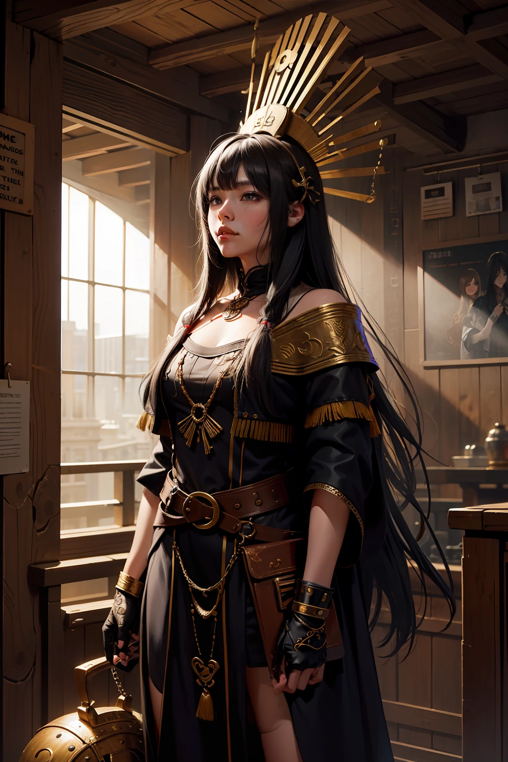 SH4G0D, Girl shaman,Wearing a wooden mask,sportrait,standing on your feet,Deep silver straight