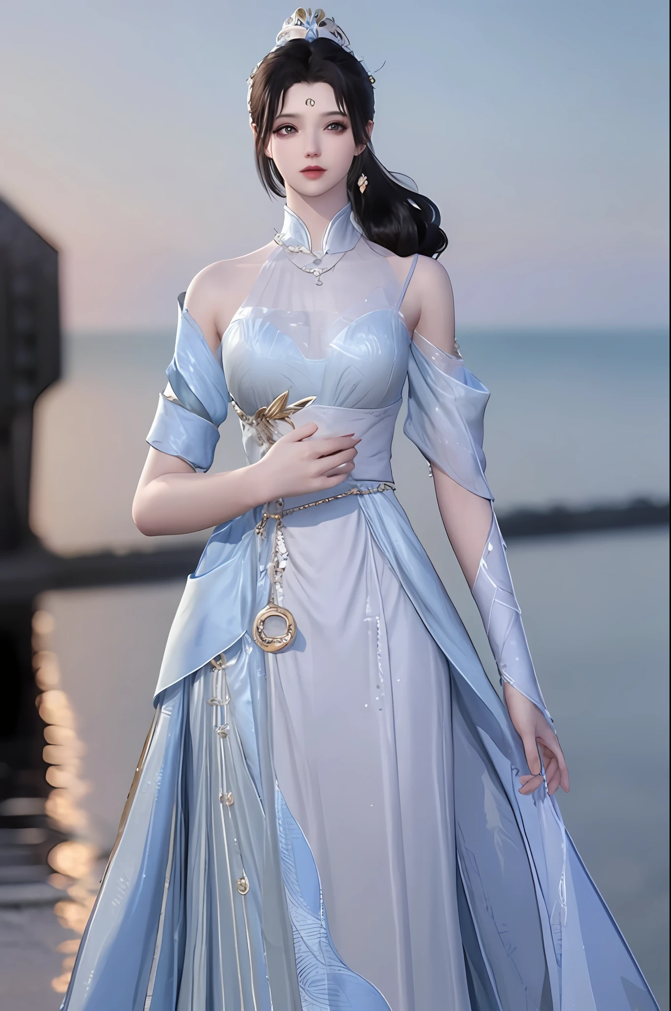(best qualtiy,tmasterpiece:1.2),超高分辨率,realisticlying,Front lighting,Complicated details,Exquisitedetailsandtextures,(1girll),独奏,The upper part of the body,Blue Hanfu,Petal pattern,Nice big eyes,a blue dress,beauitful face,facing to audience,Streamers,gossamer,(年轻),Facial highlights,Detal Face,tear-mole,white skinned,Silvery hair,High ponytail,looking at viewert,largeeyes,(Openwork pattern),耳Nipple Ring,slimfigure,white backgrounid,correct hand,profesional lighting,photon maping,Radio City,physically-based renderingt