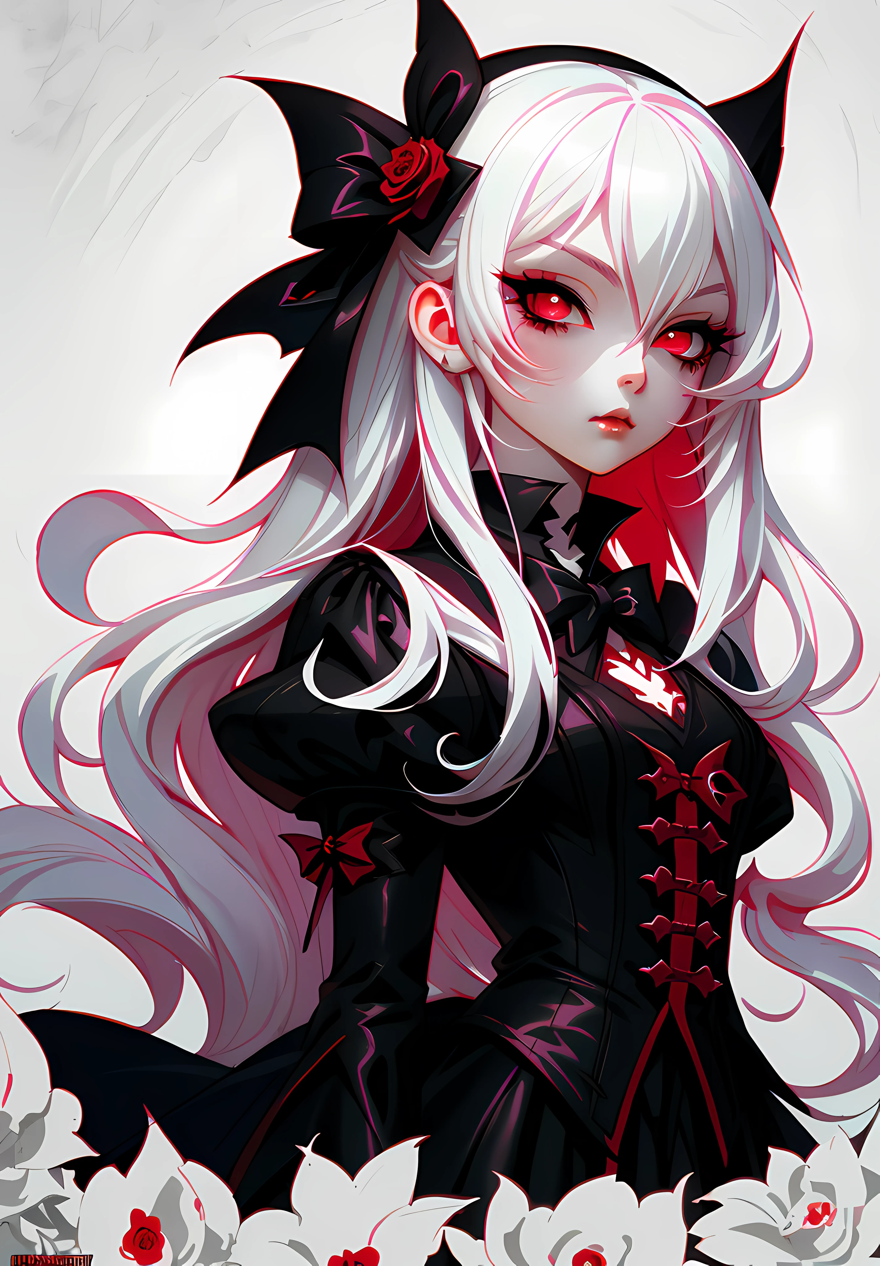 anime Chibi Vampire girl, long white hair, gothic style, roses in hair,dark black eyelashes ,glowing red eyes, digital illustration, comic style, gothic renaissance, perfect anatomy, centered, approaching perfection, dynamic, highly detailed, watercolor painting, artstation, concept art, smooth, sharp focus, illustration, art by wlop and ross tran ,
