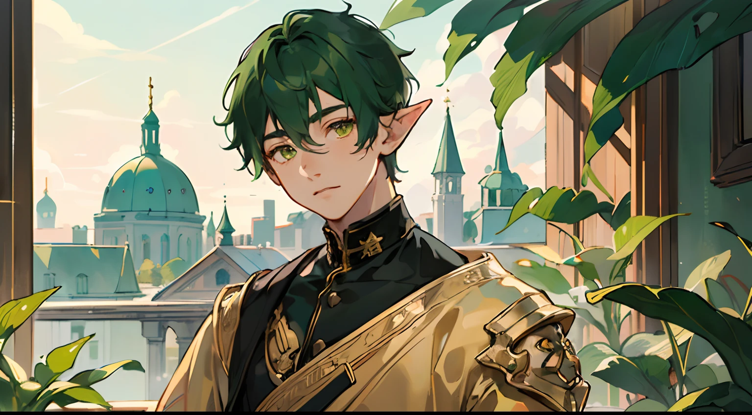 (AS-Young:1.7), (1boy:1.8), (male focus:1.2), (cute:1.7) solo, solo focus, masterpiece, ((exquisite_detail)), illustration, (handsome), extremely_detailed_CG, green hair, gold eyes, golden robe, merchant, leaf, looking at the viewer, turned around, cute boy with elf ears, hands behind the back