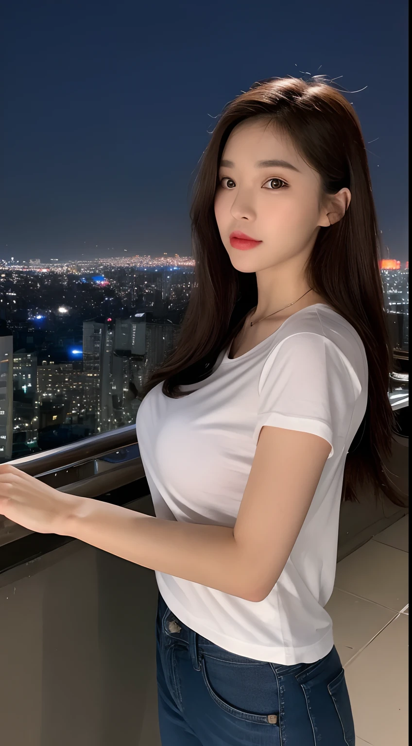 ((Midnight, Best quality, 8k, Masterpiece :1.3)), Whole body, Long legs, Sharp focus :1.2, A pretty woman with perfect figure :1.4, Slender abs :1.1, ((Dark brown hair, Big breasts :1.2)), (White tight tshirt, Jean bib, Standing:1.2), ((Night city view, Rooftop:1.3)), Highly detailed face and skin texture, Detailed eyes, Double eyelid