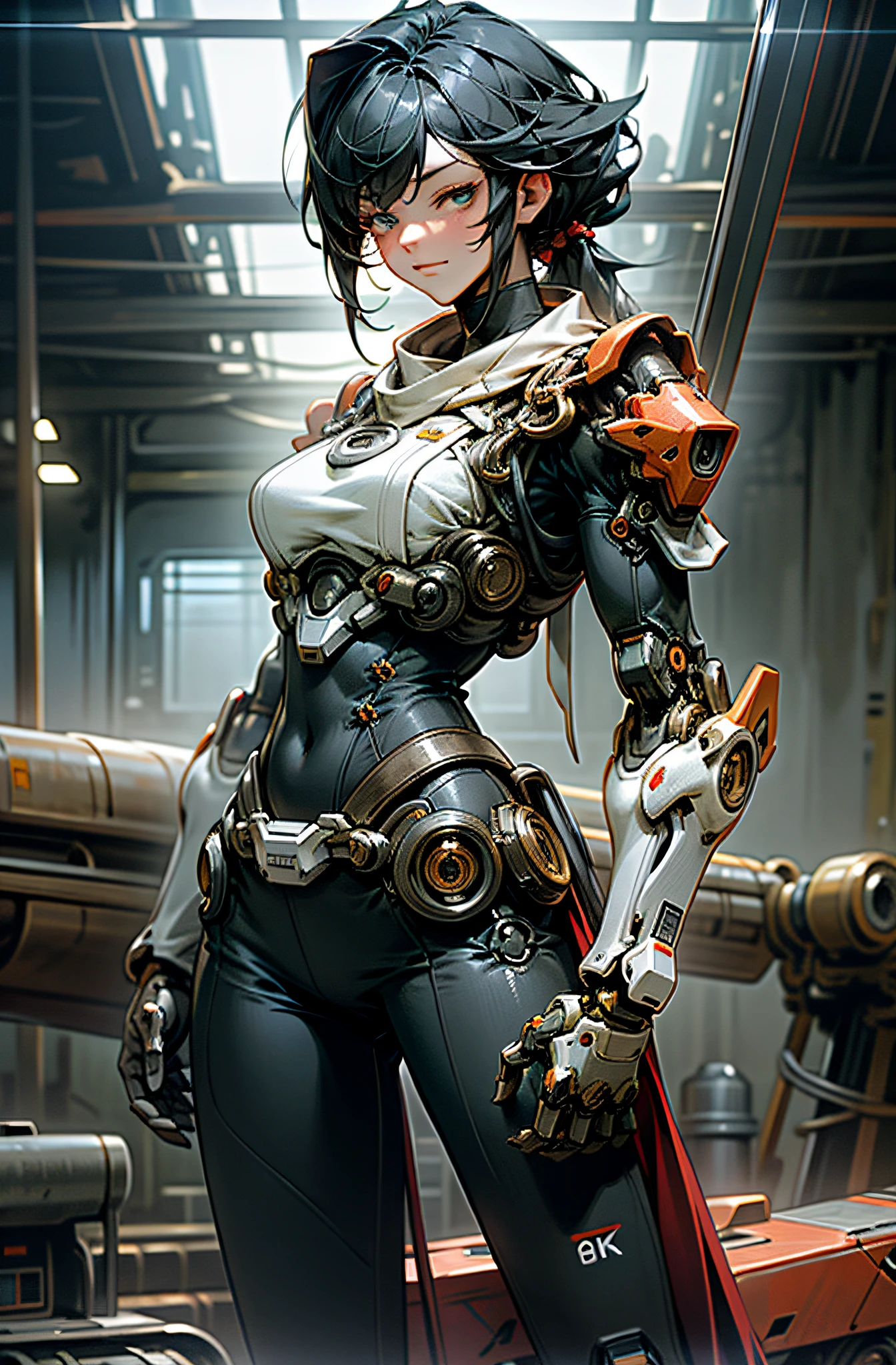 ((Best Picture Quality, 8k, tmasterpiece:1.3)), 1girl, Beautiful woman with slender abs:1.3, (Casual hairstyle, No leakage of big breasts:1.2), no clothes are worn:1.1, Ultra-fine face, A detailed eye, 二重まぶた，Smile Dark_Fantasy,Cyberpunk,(chain saw,chain saw man,Red:1.1),1man,Mechanical marvel,Robotic presence,Cybernetic guardian,wearing a worn-out mech suit，iintricate，（Steel metal[rusted]），ellegance，Clear focus，Photo by Greg Rutkowski，gentlesoftlighting，vivd colour，tmasterpiece，（（the street）），cow boy shot，dynamicposes，