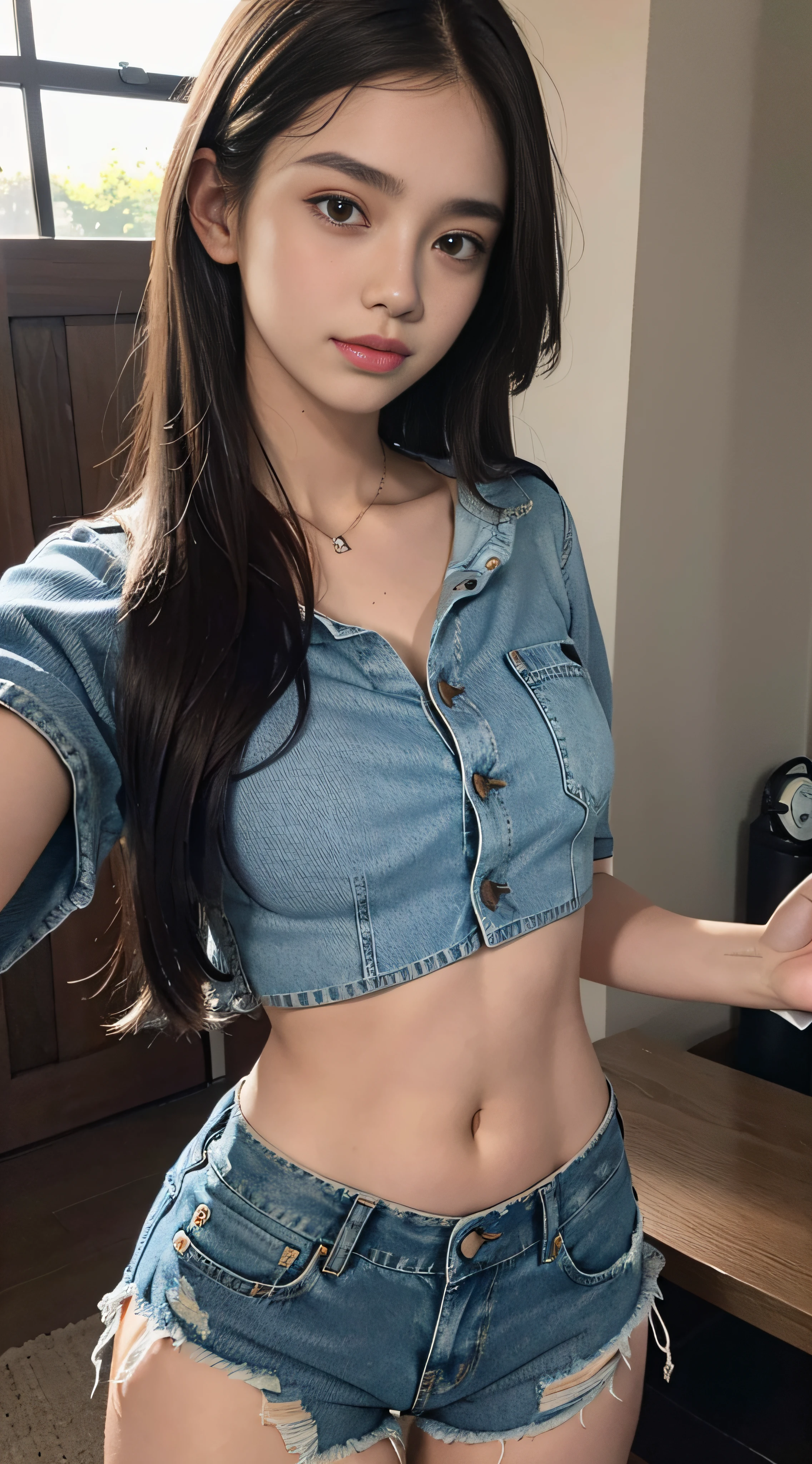 1 girl, solo, phone, shorts, cell phone, long hair, denim, brunet, iphone, midriff, navel, selfie, denim shorts, shorts, holding the phone, torn clothes, truncated, reality, holding, brown eyes, white shirt, crop top shirt, looking at the audience, shallow smile, real photo, HD texture,
