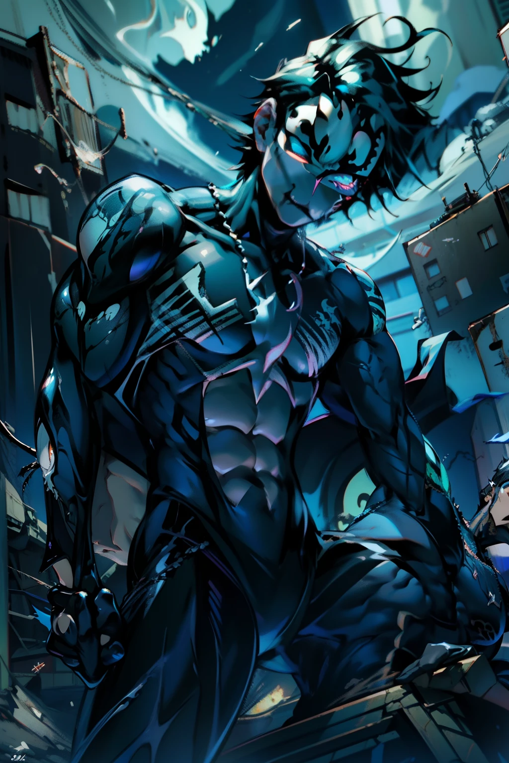 《the original god》Arataki Kazuto , male people， chest muscle， Sexy , Venom symbiote for your body, Black mucus of the body , into venom, venomize，Black bodysuit，（Cloak），Red cape，Abs，（Adult male）（（Venom possession，venom symbiote）），over-Tortoise Man，Battle damage，((Masterpiece)), ((Best quality)), Ultra detailed,((illustration)), Dynamic Angle, Detailed light, (Delicate eyes), Floating, 1boy, Male focus, Head, Clothing, Yellow eyes, necklace, tattoo, (Forehead:0.8), (ahoge:0.8), jewelry, brunette color hair,apathy，Ray， chest muscle， Sexy , Venom symbiote for your body, Black mucus of the body , （into venom）, Venom，frontage，Bust photo，White tight-fitting top，spiderman outfit，style of anime4 K， 4K anime wallpaper， Badass anime 8 K， 4 k comic wallpaper， young anime man， Anime boys， Anime wallpapers 4 k， Anime wallpaper 4K， High quality anime art style， Anime moe art style， Anime art wallpaper 8 K， Anime art wallpaper 4 K， RGB lighting，