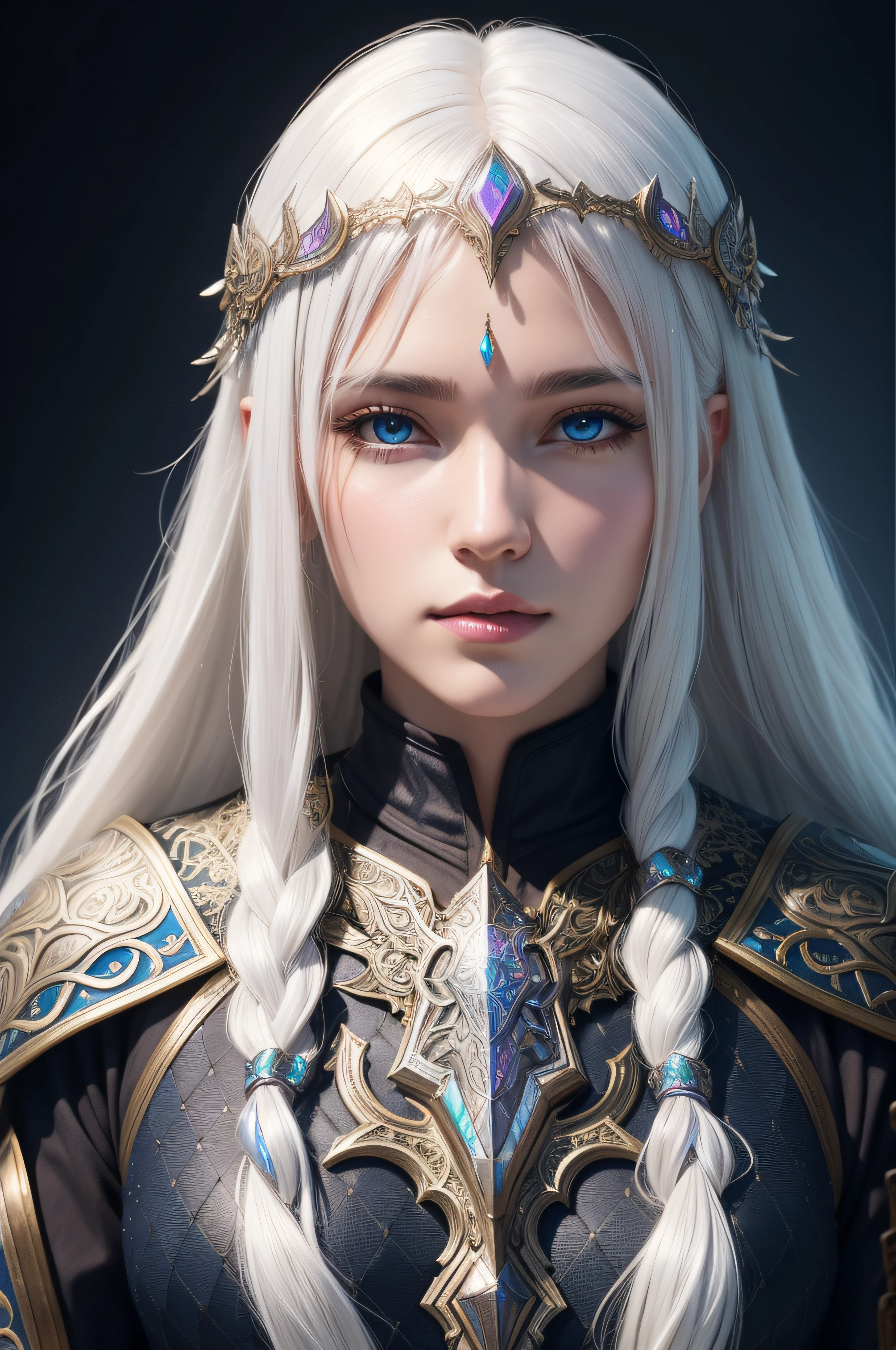 Iridescent armor, long wild white hair!! covered chest!!! fantasy, d & d, intricate ornate details, digital painting, pretty face, symmetry