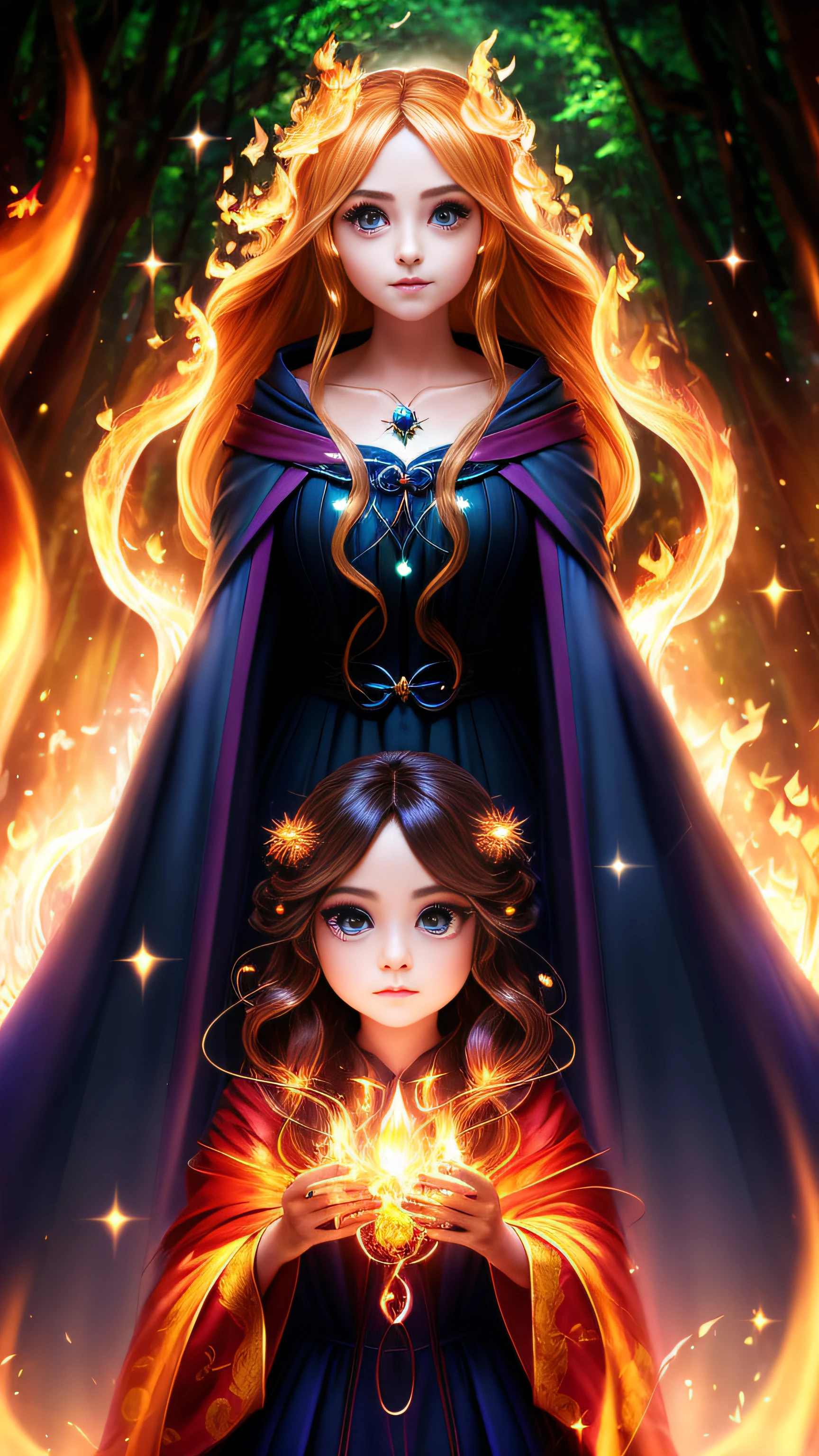 Super beautiful glowing big eyes、((1womanl))、a sorceress、magia、Wearing a long dress made of light、magical forest、A flowing、(((firey))magia)、Tight magician's clothes、Magic clothes、(((Flowing hairstyle)))、(((radiant eyes)))、Wearing a cloak、((bokeh dof))、depth of fields、