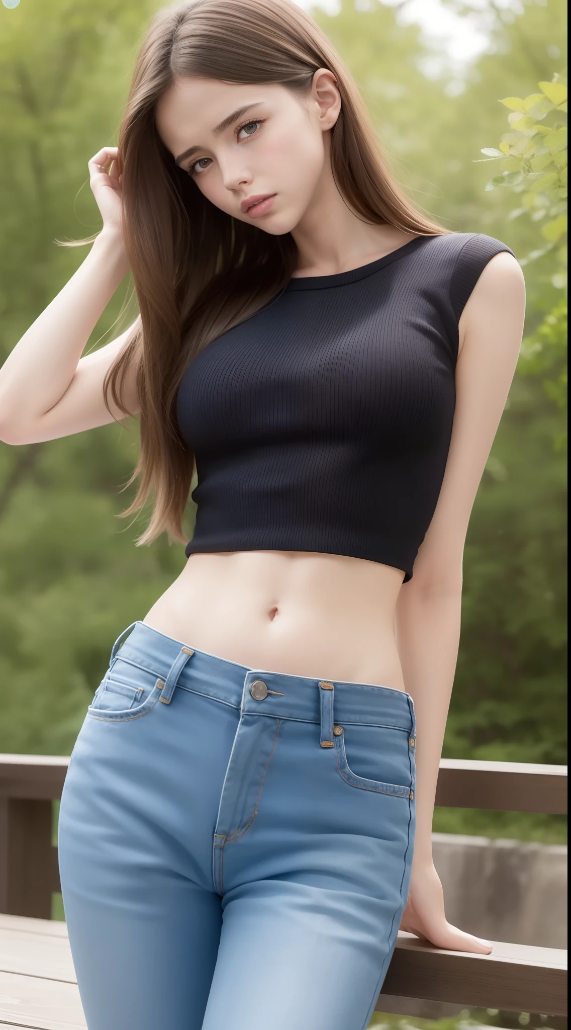 Beautiful young Margaret Qualley, glasses, jeans, hyperrealistic, 14 years old, model body, small breasts, beautiful breasts, long hair, layered hairstyle, blonde hair, long legs, 8k, lakefront, cherry blossom, light from the sun, led lighting, blood on the wall, pool of blood, full of human remains, detailed reflection, anime style, sad