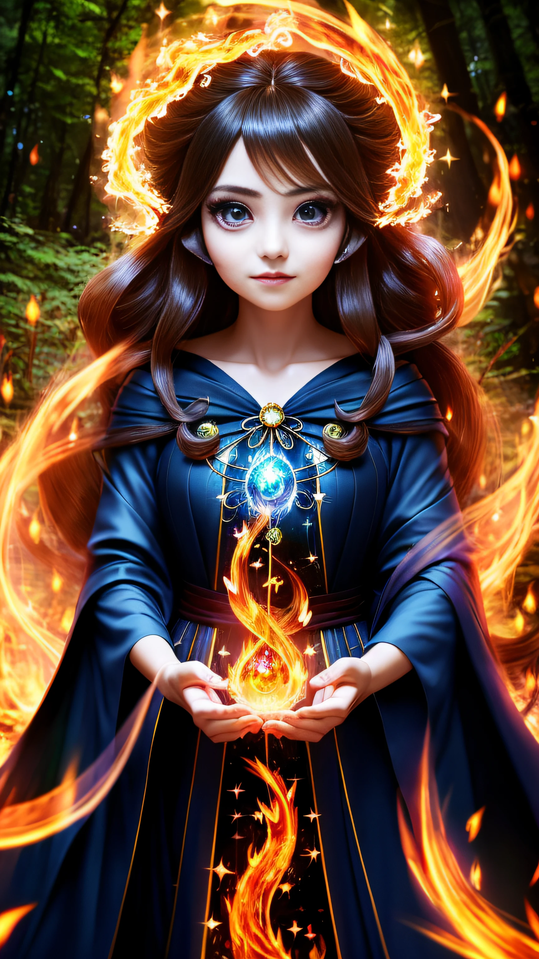 Super beautiful glowing big eyes、((1womanl))、a sorceress、magia、Wearing a long dress made of light、magical forest、A flowing、(((firey))magia)、Tight magician's clothes、Magic clothes、(((Flowing hairstyle)))、(((radiant eyes)))、Wearing a cloak、((bokeh dof))、depth of fields、