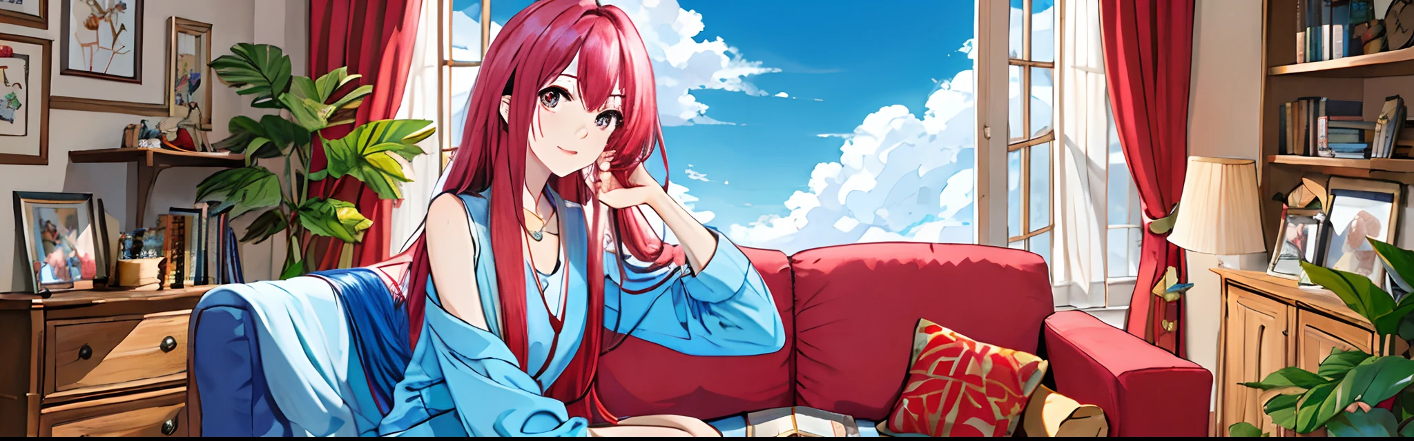 (Masterpiece,Best quality:1.2),(A high resolution:1.1),(Highest picture quality),(Master's work),facingviewer,Dynamic Angle,sky,Cloud,
(1loli,solofocus:1.4),Cute,decorations,(jewelry:0.75),(Blush:0.9),(Strap:0.9),Barefoot,
Living room, sofe, window, Curtains, Dappled sunlight, potted plant, Table, locker,bookshelf, table light,
ahoge,(Disheveled hair,Long hair,Ruby hair,Blue inner hair,Shiny hair,Shiny skin:1.1),