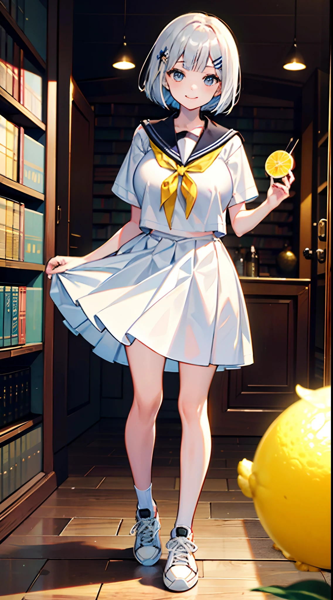 (((Masterpiece))), One girl, White Bob cut, serafuku, Sneakers, Spats, standing, Take the lemon, Light smile, Looking_at_peeping at the viewer, hair pin, library,Large of breast