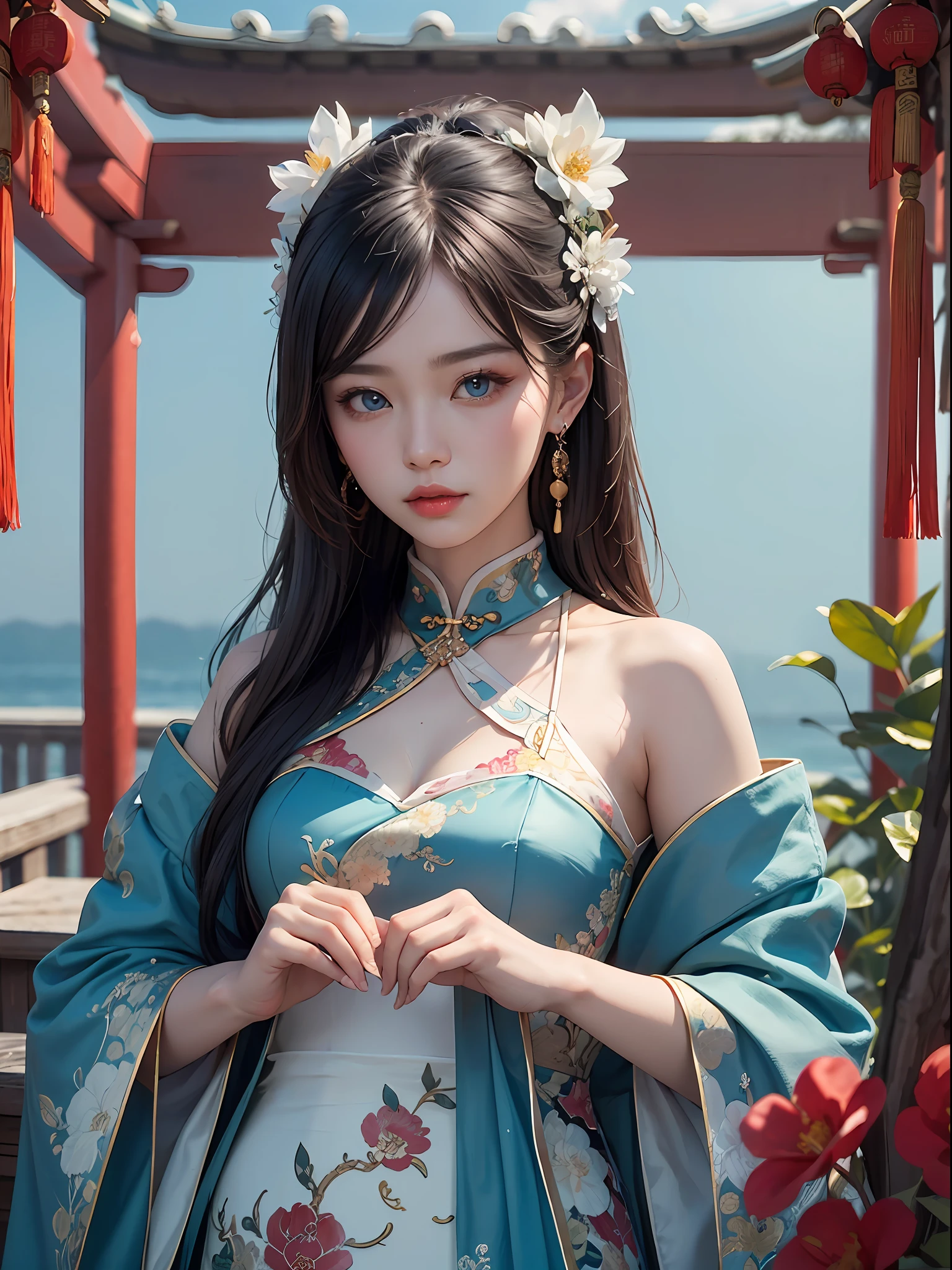 Unbeatable masterpiece, Ultra photo realsisim, Perfect artwork, Intricate details, Best quality, Strong light,High contrast,Extremely detailed Cg Unity 8K wallpaper.Best quality , (((beautiful detailed water))) (Chinese_Style_Pavilion)) , (Lunar New Year), (long hair flowing) , Beautiful detailed girl , (Extremely beautiful blue eye details) ,(view straight on) , eyeball , (Delicate Chinese earrings) , hair flower , (Chinese_Style) , (Chinese headdress) , ( Chinese_Style_eye_Makeup), Eye focus , China Vision_Makeup ,(Chinese face_light yarn) , flower ,Chinese_knot , Hair_circle , (Chinese Hair Pin) , White_flower , Extremely Delicately Beautiful , Solo , An extremely delicate and beautiful girl ,