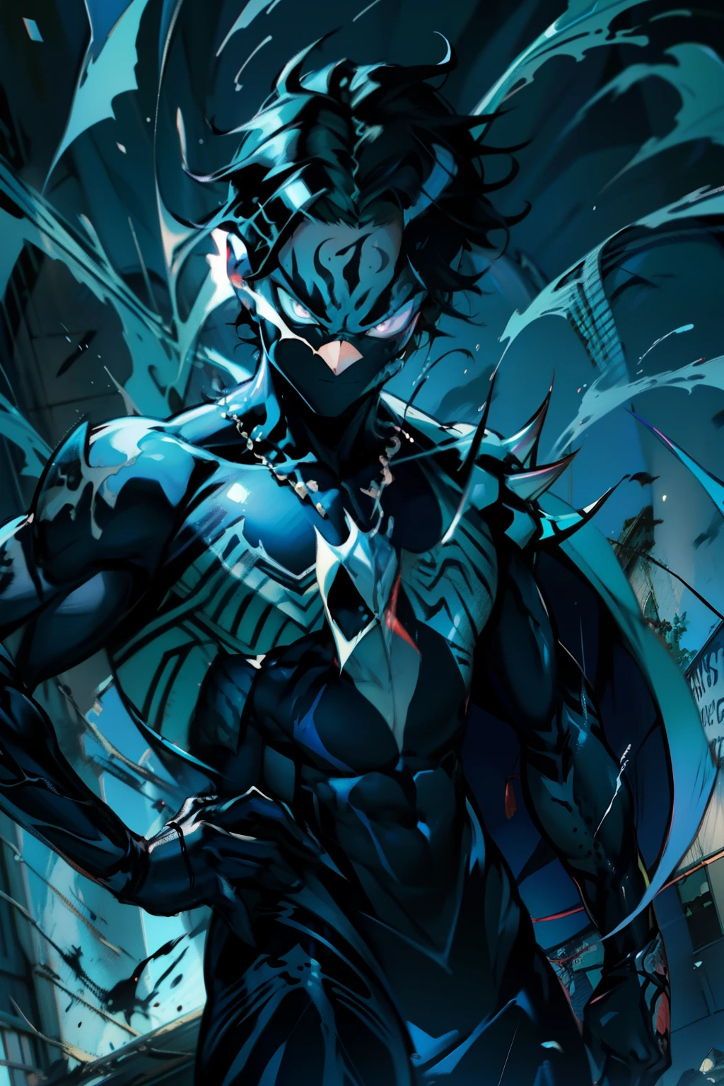 《the original god》Arataki Kazuto , male people, chest muscle, Sexy , Venom symbiote for your body, Black mucus of the body , into venom, venomize,Black bodysuit,(Cloak),Red cape,Abs,(Adult male)((Venom possession,venom symbiote)),over-Tortoise Man,Battle damage,((Masterpiece)), ((Best quality)), Ultra detailed,((illustration)), Dynamic Angle, Detailed light, (Delicate eyes), Floating, 1boy, Male focus, Head, Clothing, Yellow eyes, necklace, tattoo, (Forehead:0.8), (ahoge:0.8), jewelry, brunette color hair,apathy,Ray, chest muscle, Sexy , Venom symbiote for your body, Black mucus of the body , (into venom), Venom,frontage,Bust photo,White tight-fitting top,spiderman outfit,style of anime4 K, 4K anime wallpaper, Badass anime 8 K, 4 k comic wallpaper, young anime man, Anime boys, Anime wallpapers 4 k, Anime wallpaper 4K, High quality anime art style, Anime moe art style, Anime art wallpaper 8 K, Anime art wallpaper 4 K, RGB lighting,