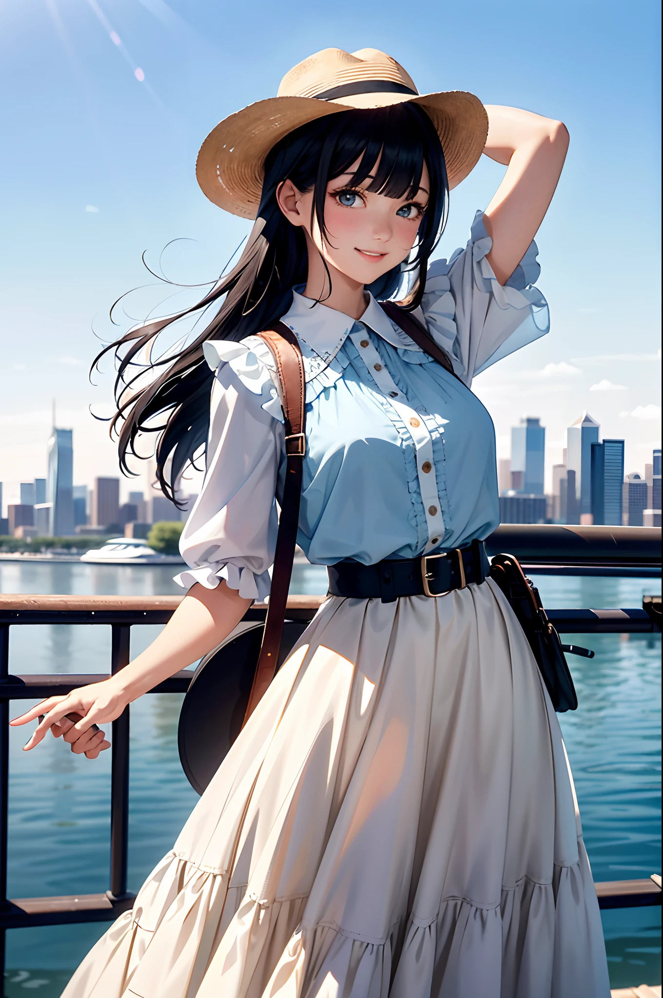 (top-quality、in 8K、32K、masterpiece、nffsw、ighly detailed、Photoreal Stick:1.2)、cowboy shot, (Vibrant city skyline reflected on the tranquil waterfront:1.4)、detailed faces and eyes、Realistic pupils、beautiful shadow、beauitful face、blurry backround、16-year-old beautiful girl、shinny skin, Beautiful black hair、Blunt bangs、 side poneyTail、Brown eyes、Hats、White blouse with frills、Blue maxi skirt with floral pattern, A smile、Raising arms、Dynamic Pose、a belt、