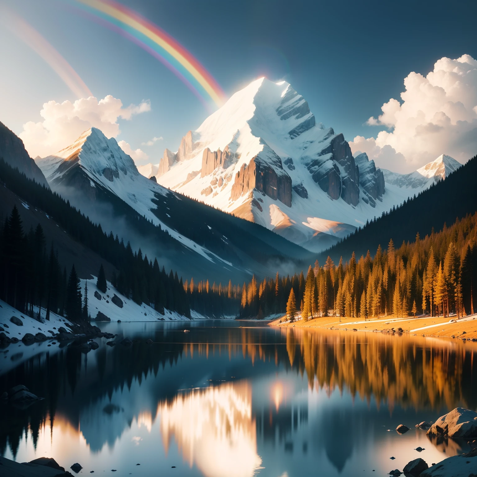 Forest, Mountain, Lake, White Mountain, Sunshine, Light Rainbow, Landscape