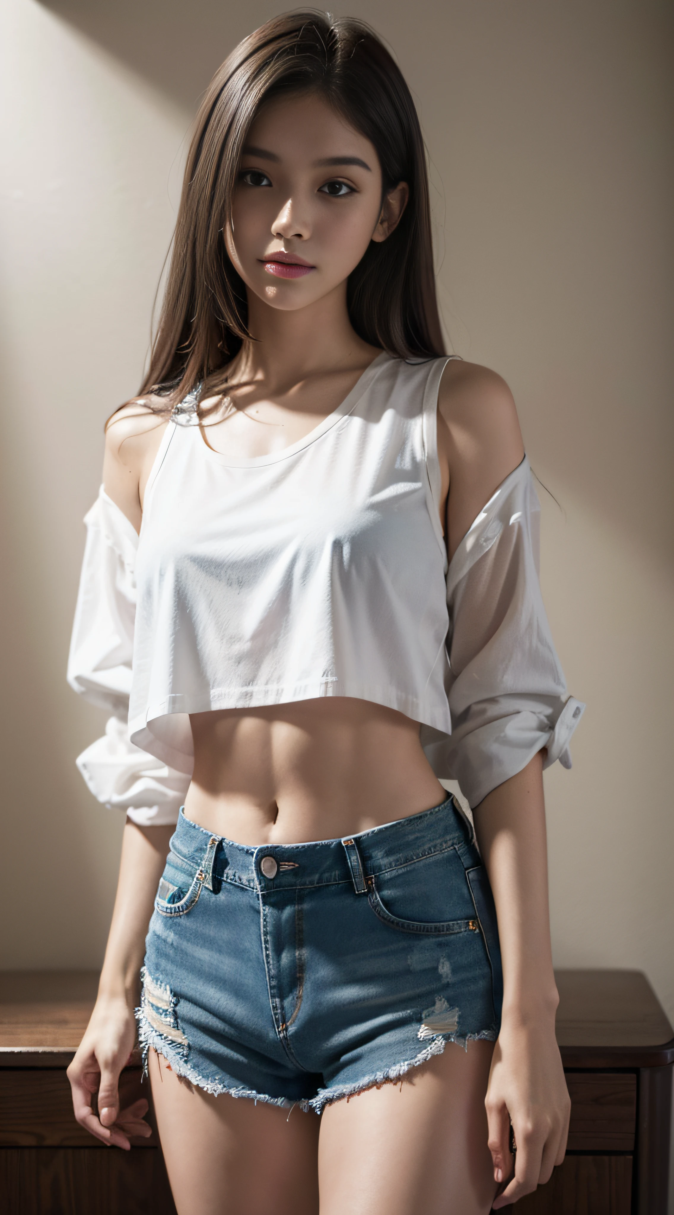 1 girl, solo, phone, shorts, cell phone, long hair, denim, brunet, iphone, midriff, navel, selfie, denim shorts, shorts, holding the phone, torn clothes, truncated, reality, holding, brown eyes, white shirt, crop top shirt, looking at the audience, shallow smile, real photo, HD texture,