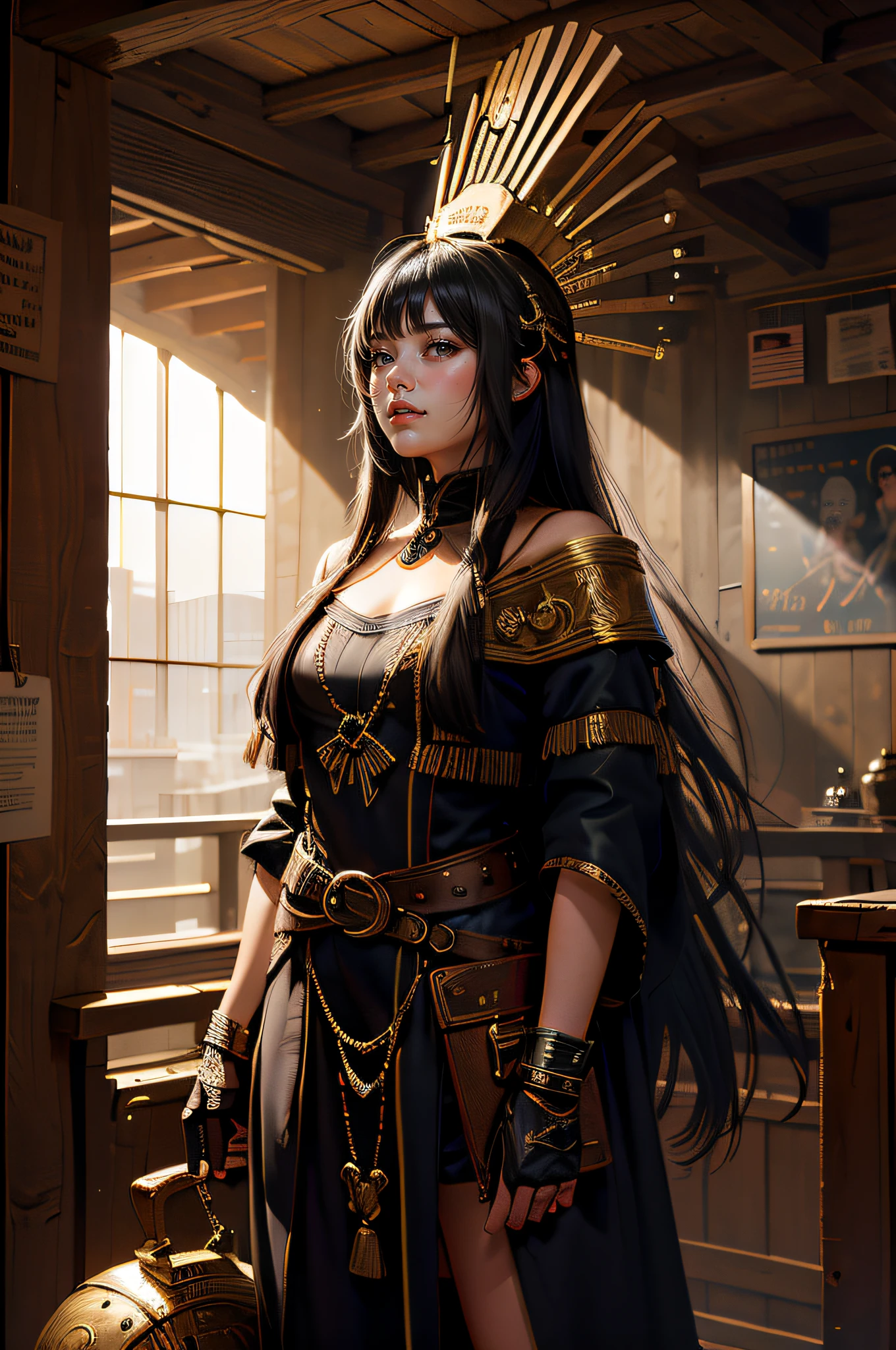 SH4G0D, Girl shaman,Wearing a wooden mask,sportrait,standing on your feet,Deep silver straight