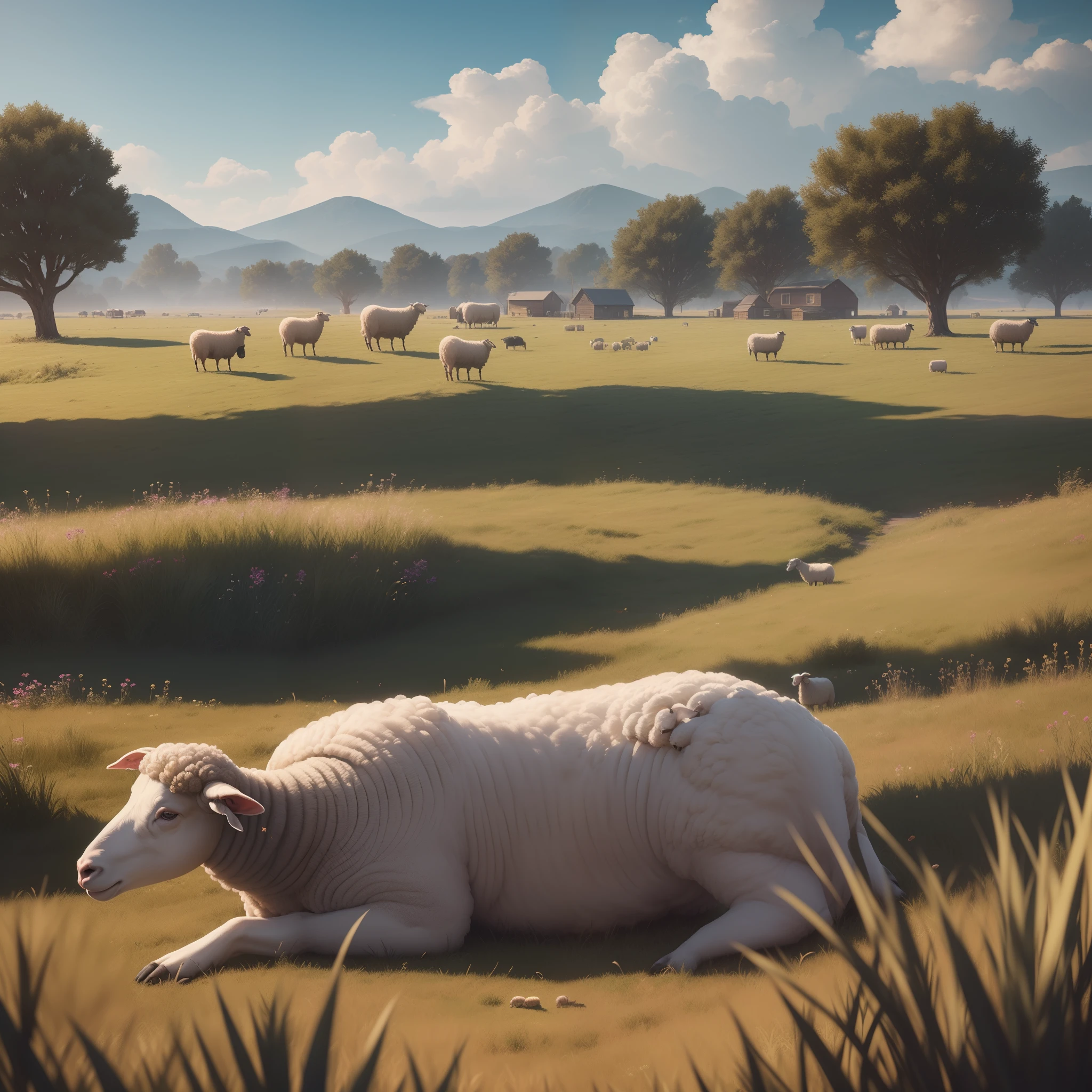 (8k, masterpiece, best quality:1.2) illustration of poem, (at that time the sheep called to him
From their wormy bellies, as they
Lay bloating in the field. He was
A pastoralist,
The schoolhouse hardly handsize
In a sky of flax), ultra-detailed, ultrarealistic, photorealism, 8k unreal engine, cinematic lighting, cg work,