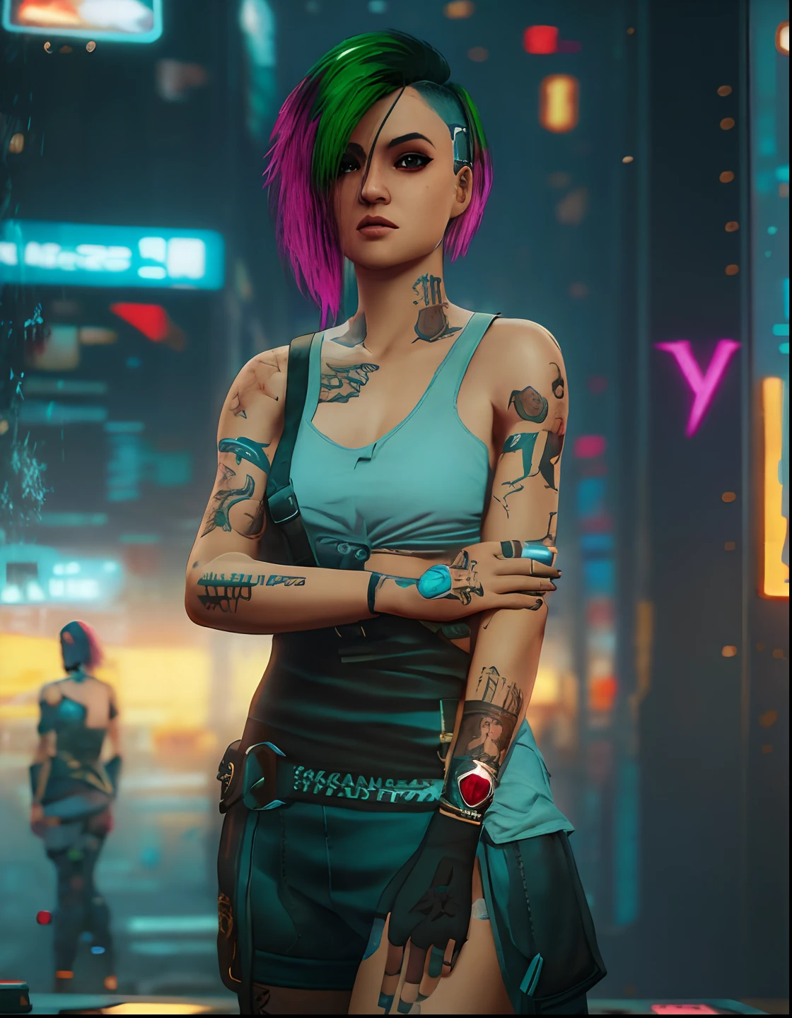 Mulher com tatuagens e uma bolsa posando para uma foto, diesel punk female, Cyberpunk 2 0 e. o modelo ******, mechanic punk outfit, personagem cyberpunk, roupa estilo cyberpunk, modelo bonito da mulher cyberpunk, cyberpunk 2 0 7 7 arte do personagem, Judy Alvarez cyberpunk, estilo cyberpunk hiper-realista, roupa cyberpunk, gta personagem, estilo de cyberpunk 2 0 7 7