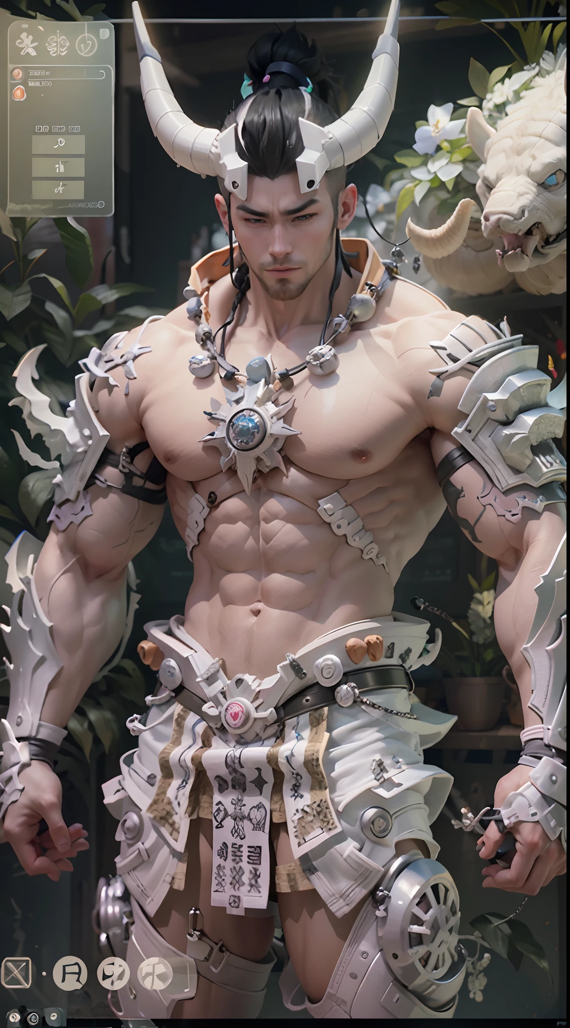 Model design，Tide play blind box，3D naked boy,GK, The whole body of the character，base，Wu Shixun，Raised sexy，coda，Long horns on the head，Transparent wings，Handsome cybernetic boy looking at camera lingerie detailed muscular reality masterpiece，musculous