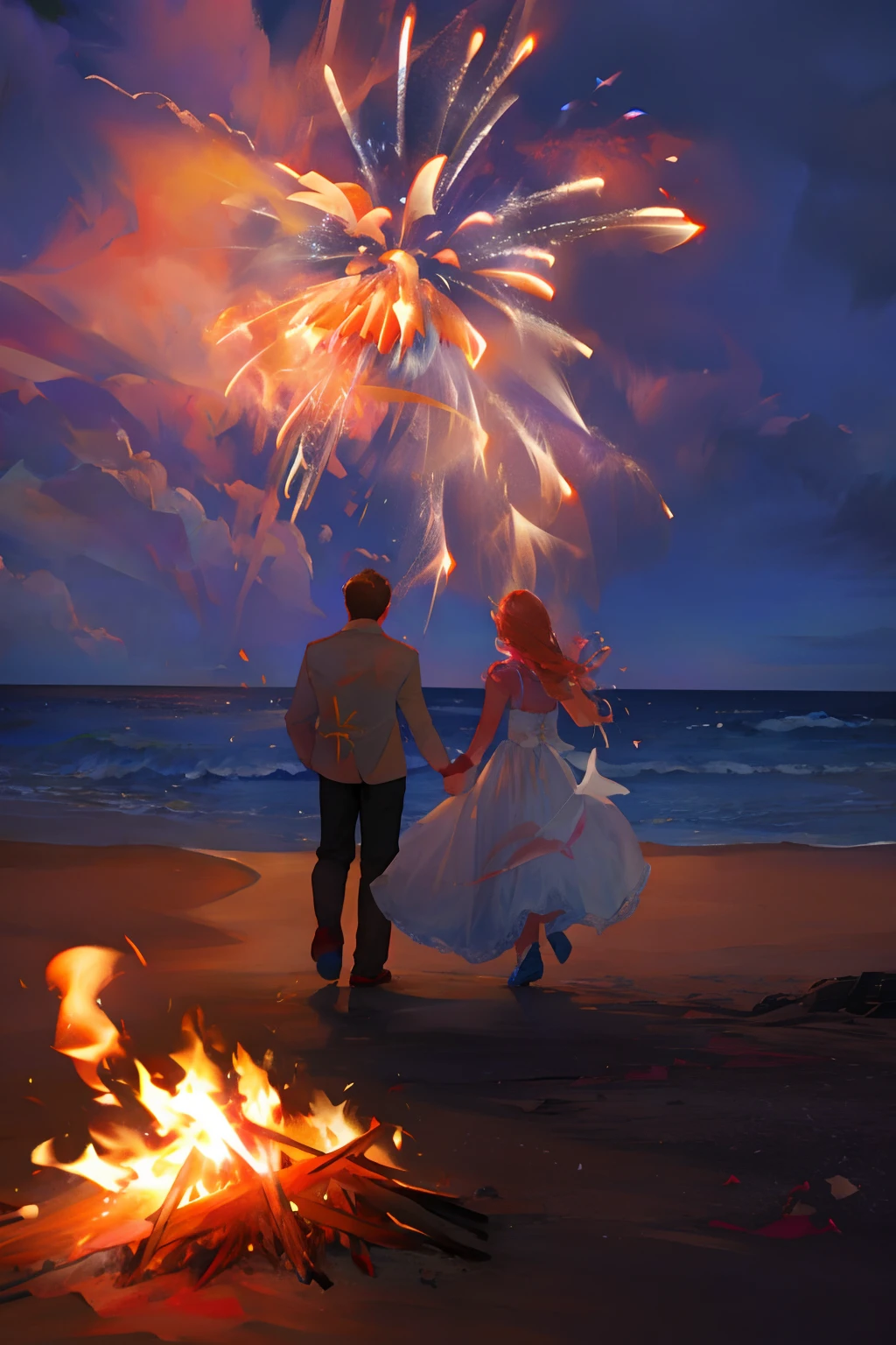 Fireworks in the sky above a couple on the beach, celebrating, Happy couple, Fireworks in the background, Two running backs,There is a campfire in the back,wedding photo, cheerfulness!!!, Romantic,