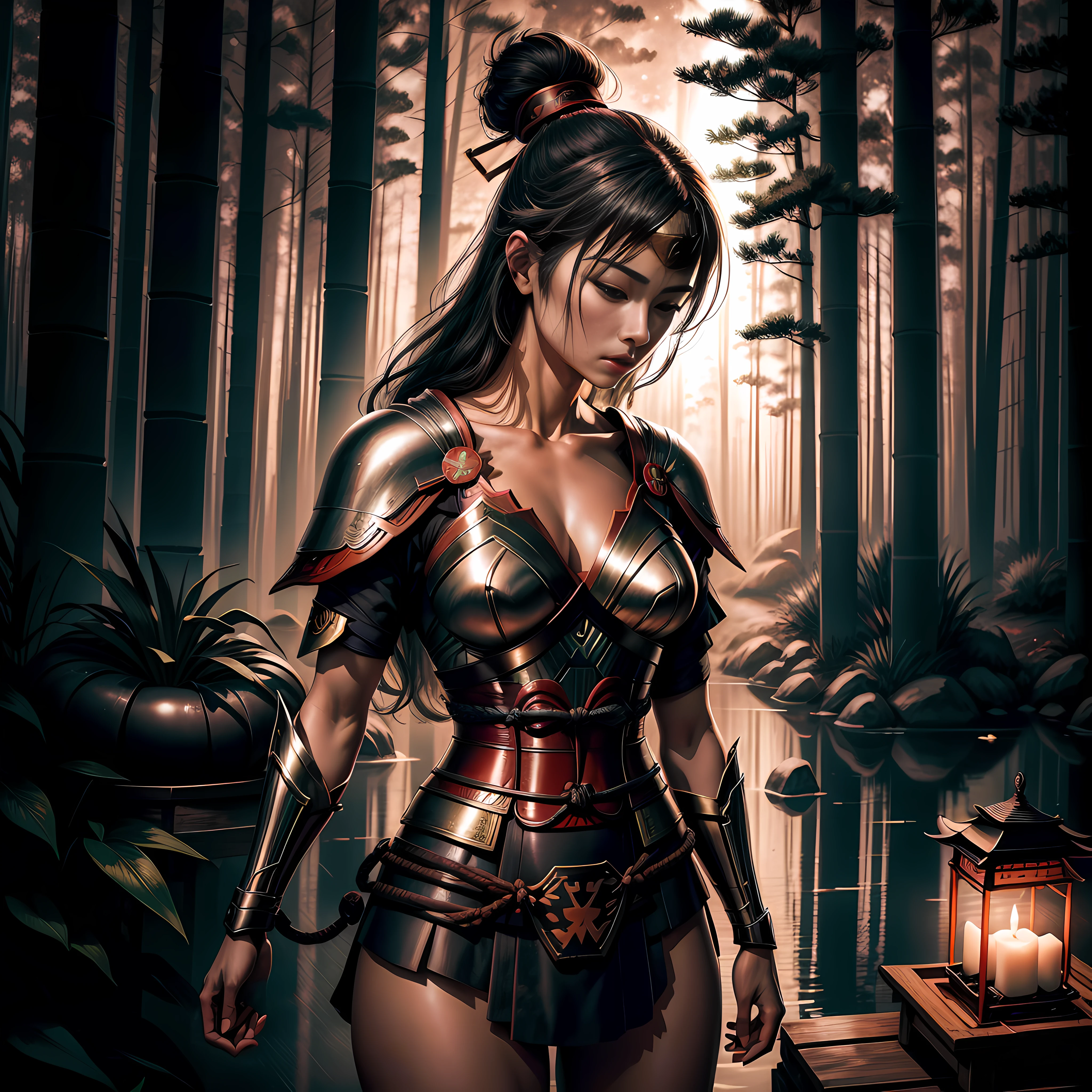 meditating, relax, samurai wonder women, in a bamboo forest, full body, fantasy, 8k, RAW photo, best quality, masterpiece, high detail RAW color photo, dramatic lighting, cinematic lighting, back light, professional lighting, detailed face, 16k