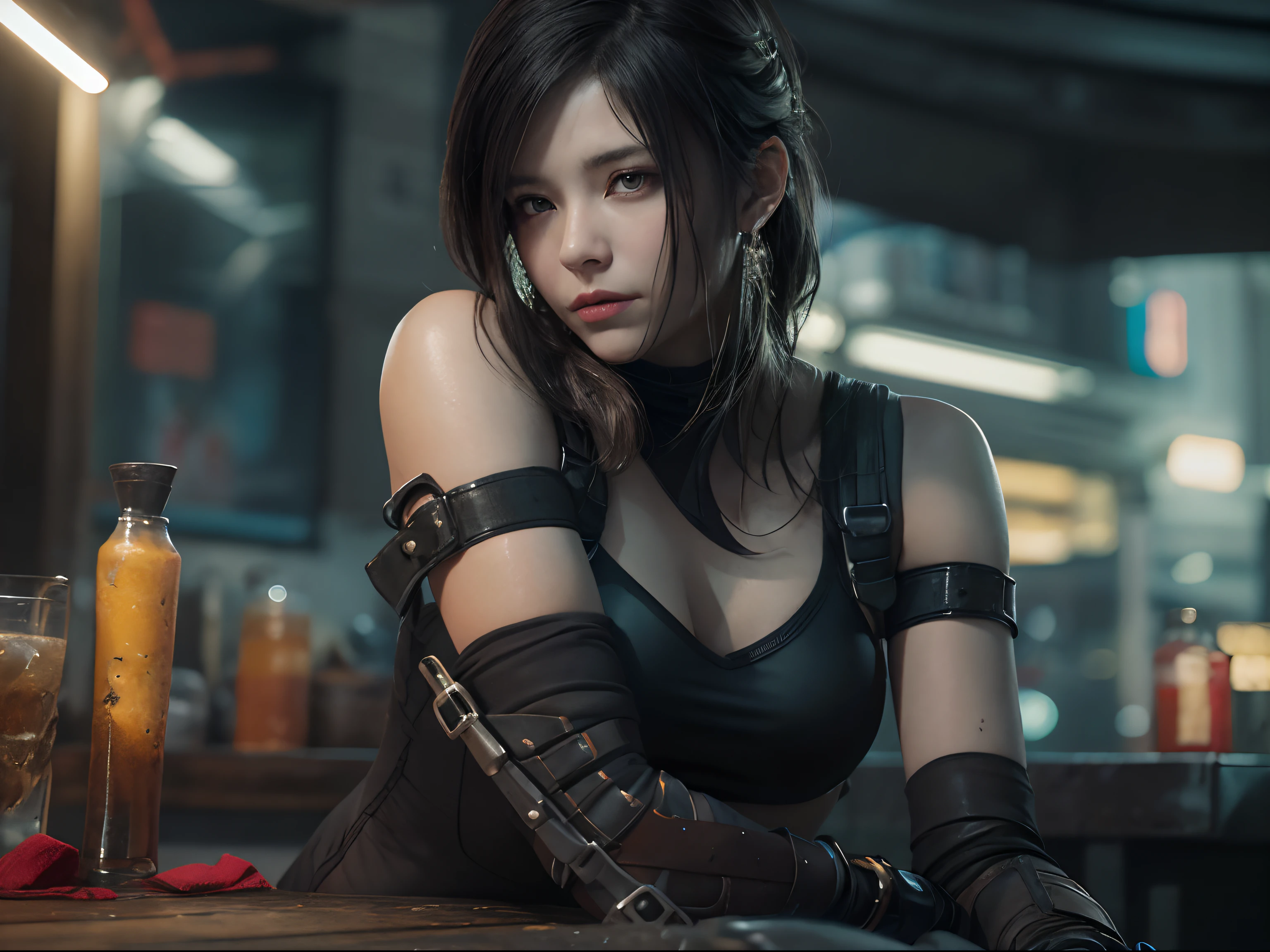 (8k, best quality, masterpiece:1.2), (realistic, photo-realistic:1.37), ultra-detailed, A detailed portrait of Tifa Lockhart from Final Fantasy VII Remake sitting at a detailed cafe in the cityscape on a date, looking cute and solo with beautiful detailed eyes and a nose blush. She wears a single elbow pad, ankle boots, a black skirt, black thigh-highs, and red boots, along with elbow gloves, elbow pads, and fingerless gloves. Her outfit includes a sports bra, suspender skirt, thigh-highs, and a white tank top. Her full body is visible with her head resting on her hand, showcasing her pretty face, low-tied long hair, and lips. The scene is illuminated with professional lighting, photon mapping, and radiosity, with Tetsuya Nomura Style and a cyber-futuristic feel. The background features yellow flowers and a bokeh effect. Tifa has a small smile and closed mouth. cinematic colorgrading film, dramatic scenes, photography, RAW, Masterpiece, ultra wide angle, Ultra Fine Photo, Best Quality, Ultra High Resolution, Photorealistic, volumetric light, Stunningly Beautiful, half body, Delicate Face, Vibrant Eyes, RAW photo, (Highest quality:1.3), (sharp focus:1.5), (skin_textures:1.2), (photorealistic:1.3), (highly detailed skin), (detailed face), (high detailed skin:1.2), (glistening skin:1.15), cyberpunk, (cyborg arms:1.2), night, snow, fog, futuristic, cyberpunk