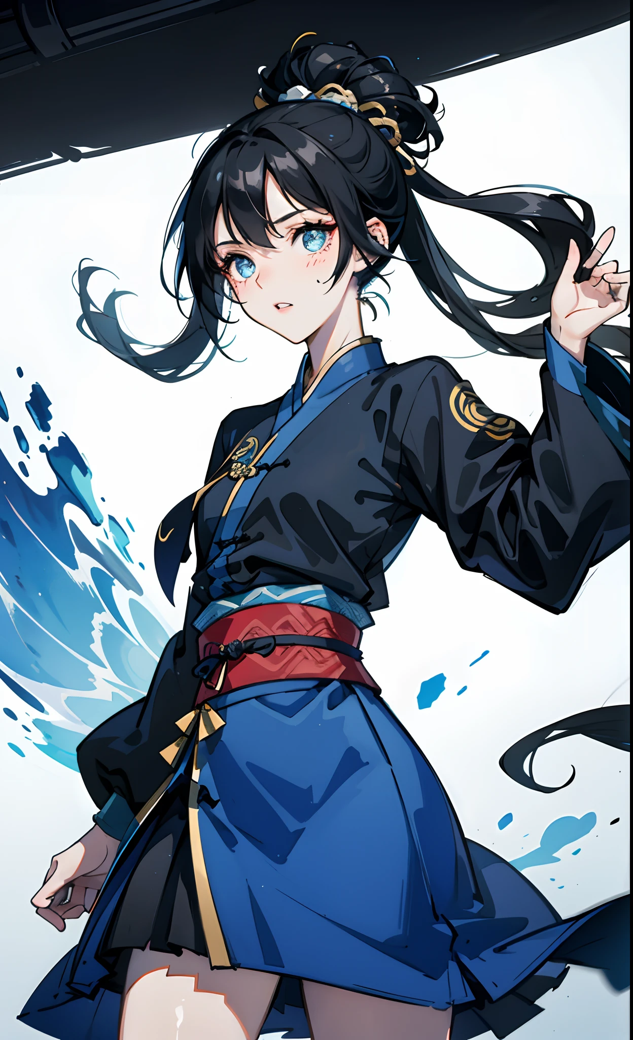 s girl,Age twenty,Jet black hair,blue color eyes,Blue placket skirt Hanfu,Somewhat squeamish,Lively and smart
