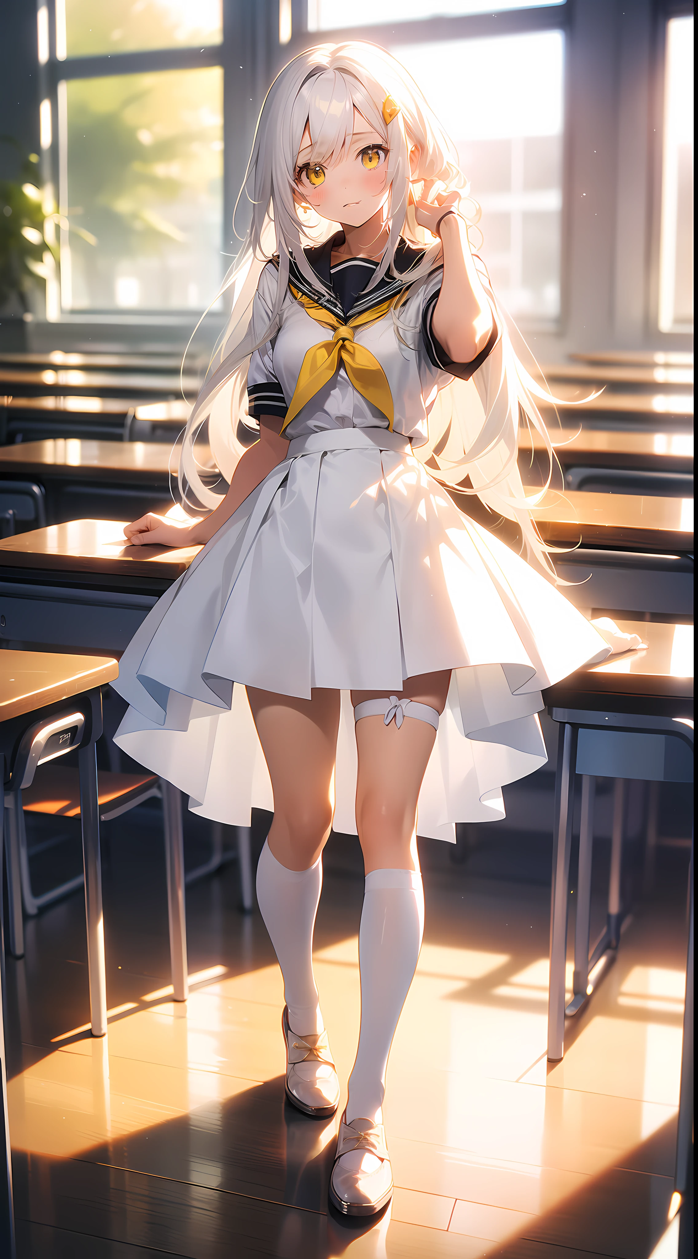 1 Anime Girl With Long White Hair Is Yellow Eye, Wearing a skirt is school clothes, corada, em uma sala de aula, sentada na mesa, de perna aberta, Mostrando Cueca Branca, is wearing white pantyhose, white hair is yellow eye, is released, Wearing a skirt is school clothes, corada, sentada na mesa, da sala de Aula, tem as pernas abertas, usando cueca branca, ((Corpo Perfeito Super Detalhado))