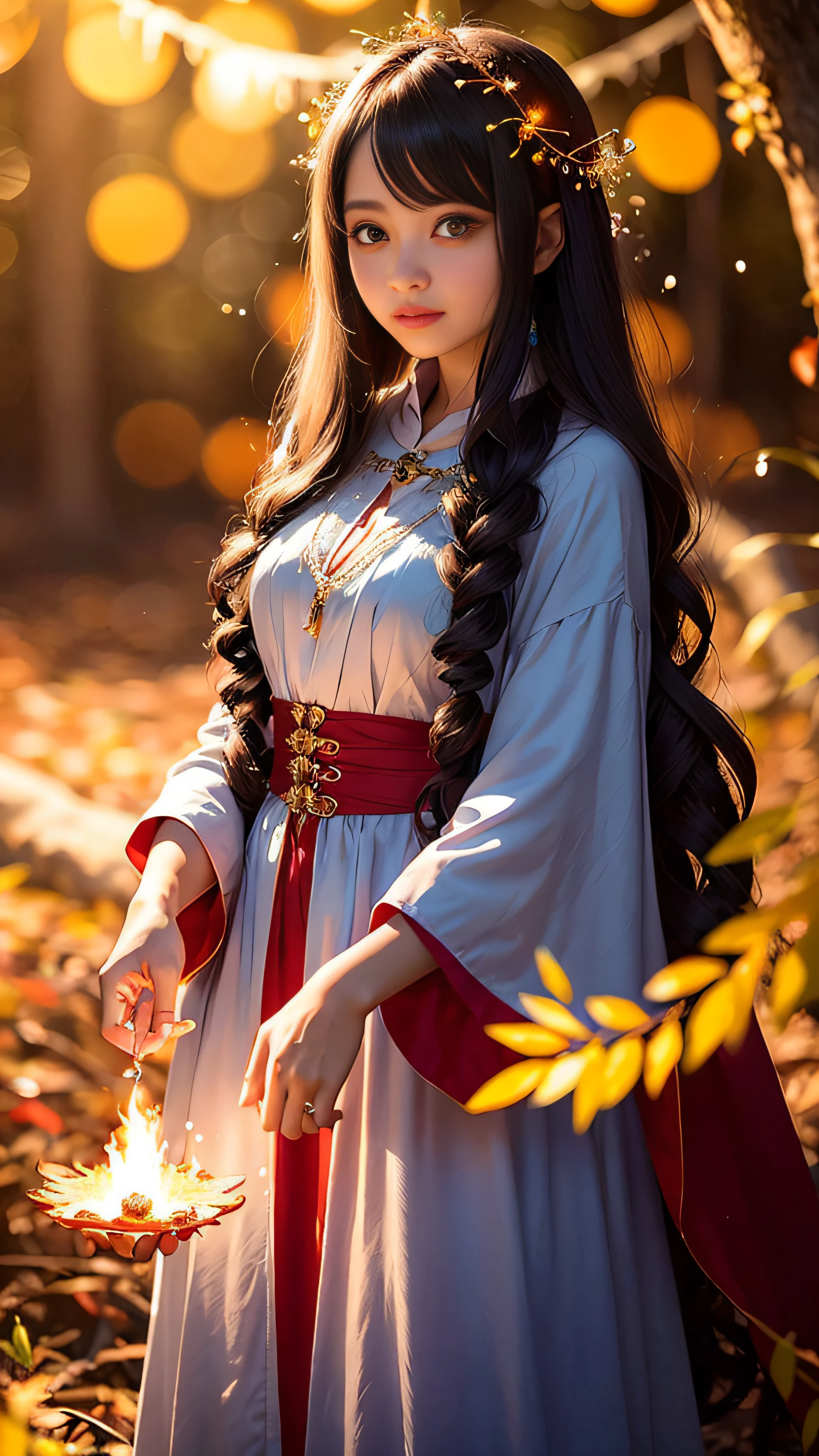 Super beautiful glowing big eyes、((1womanl))、, a sorceress、magia、Wearing a long dress made of light、magical forest、A flowing、(((firey))magia)、Tight magician's clothes、Magic clothes、(((Flowing hairstyle)))、(((radiant eyes)))、Wearing a cloak、((bokeh dof))、depth of fields、