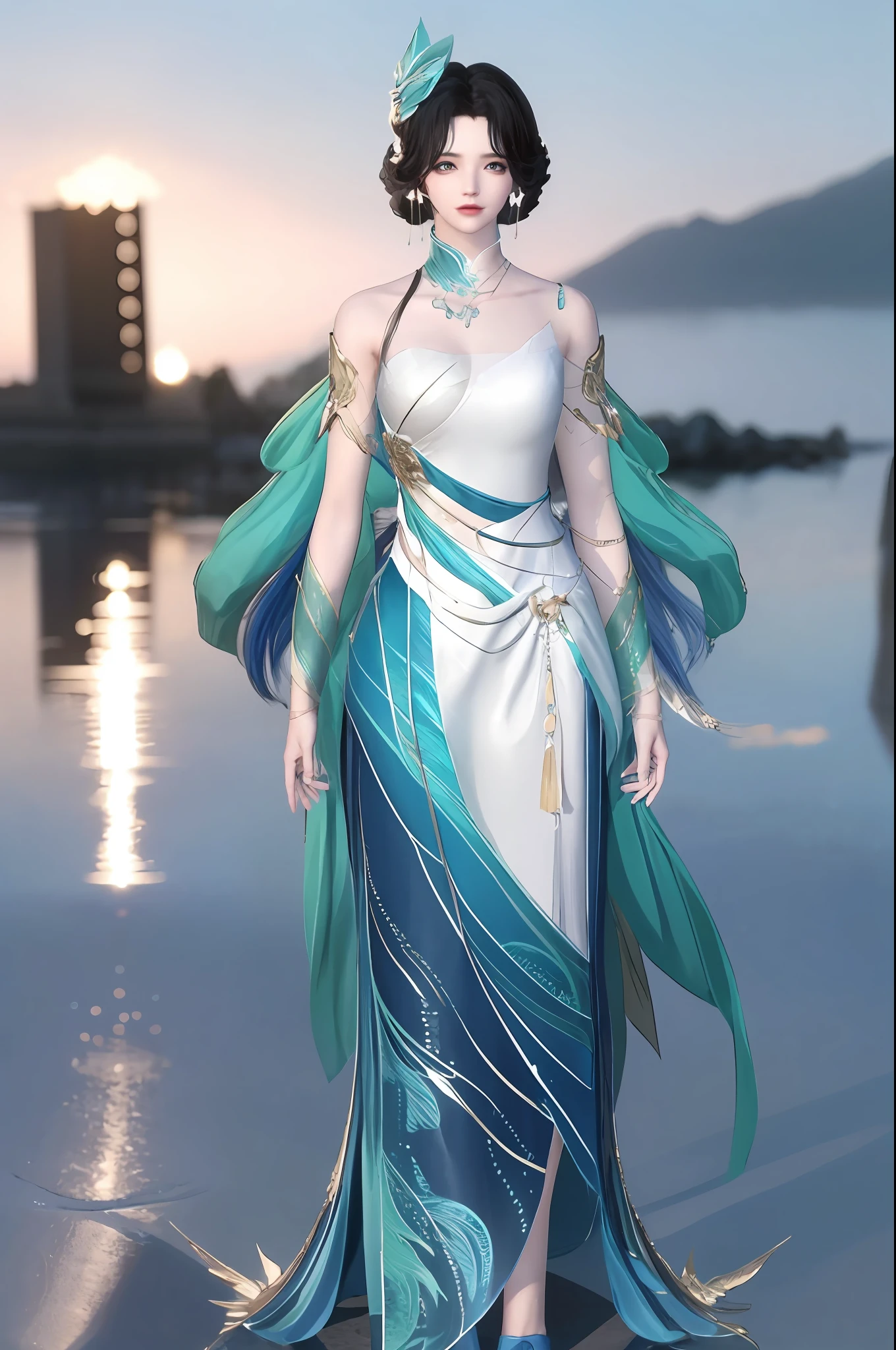 (best qualtiy,tmasterpiece:1.2),超高分辨率,realisticlying,Front lighting,Complicated details,Exquisitedetailsandtextures,(1girll),独奏,The upper part of the body,Blue Hanfu,Petal pattern,Nice big eyes,a blue dress,beauitful face,facing to audience,Streamers,gossamer,(年轻),Facial highlights,Detal Face,tear-mole,white skinned,Silvery hair,High ponytail,looking at viewert,largeeyes,(Openwork pattern),耳Nipple Ring,slimfigure,white backgrounid,correct hand,profesional lighting,photon maping,Radio City,physically-based renderingt
