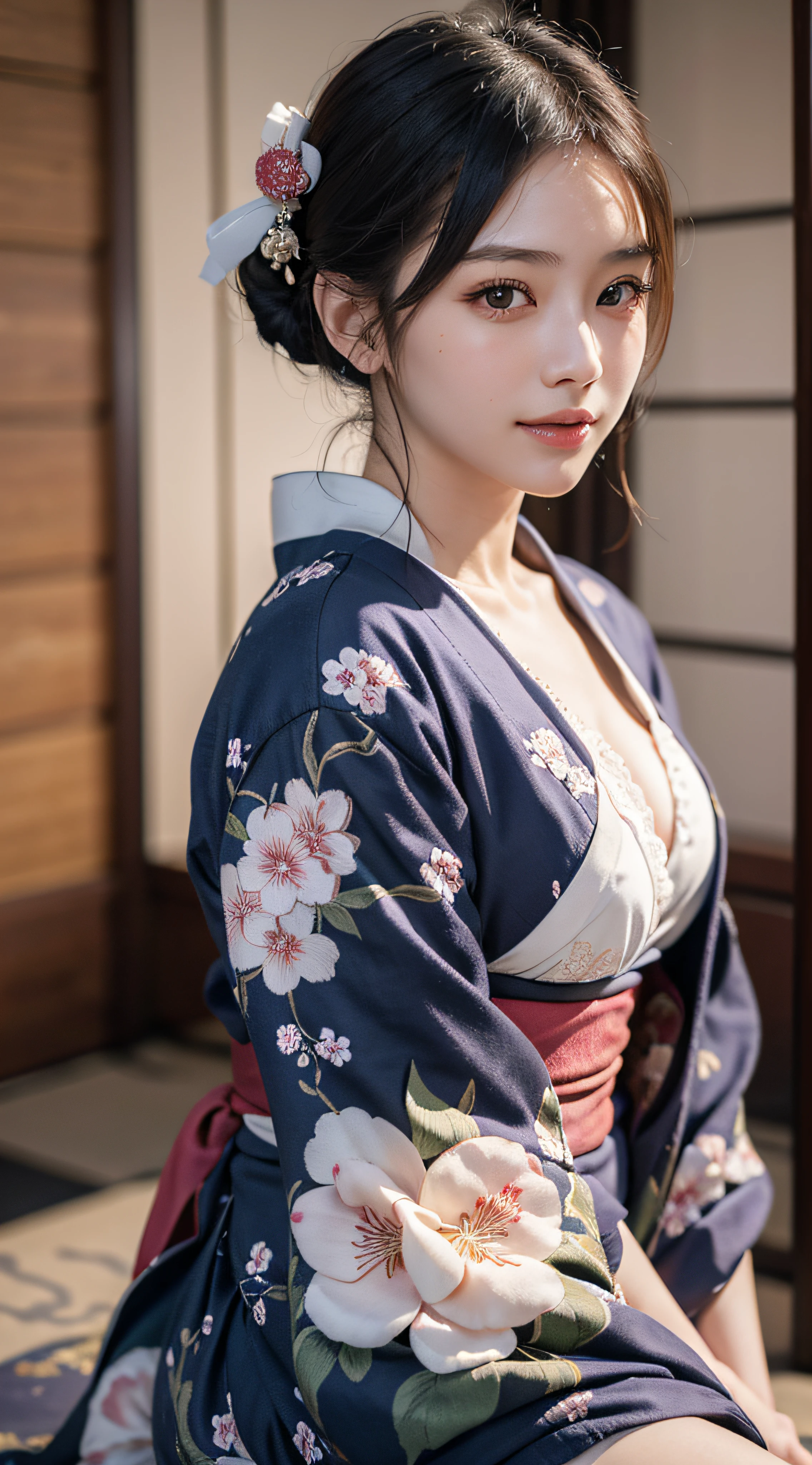 (Photorealsitic:1.4), (Top image quality:1.0), (超A high resolution:1.0), 8K, Raw photography, (​masterpiece:0.2), (pureerosface_v1:0.5)、(Best Quality Detail:1.2)、realisitic、8K UHD、hight resolution、(1girl in:1.2)、The ultra-detailliert、High quality textures、intricate detailes、detaileds、Very detailed CG、High quality shadows、Detail Beautiful delicate face、Detail Beautiful delicate eyes、depth of fields、Ray traching,1girl in, japanaese girl, Cute, slender, Black kimono, Kimono with Japanese pattern,Floral scrunchie, Beautiful skin, Facing the front,Sit down, Sit upright and say thank you,Align your hands elegantly,Smile faintly The Land of Japan,Japanese garden,Luxury Japanese-style room, skyporn, Magic Hour, (Realistic:1.3), Finely detailed, quality, (masutepiece:1.2), (Photorealistic:1.2), (Best Quality), (Intricate details), Dramatic, Ray tracing, photograph, +Lola