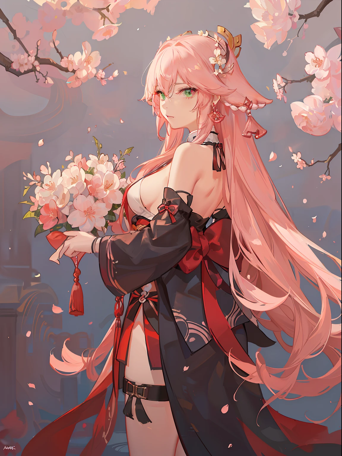 (Masterpiece, Excellent, 1girl, solo, complex details, color difference), realism, ((medium breath)), off-the-shoulders, big breasts, sexy, Yae Miko, long pink hair, red headdress, red highlight, hair above one eye, green eyes, earrings, sharp eyes, perfectly symmetrical figure, choker, neon shirt, open jacket, turtleneck sweater, against the wall, brick wall, graffiti, dim lighting, alley, looking at the audience, ((mean, seductive, charming)), ((cherry blossom background ))),((Japanese temple background)))), (((Glow-in-the-dark background)))