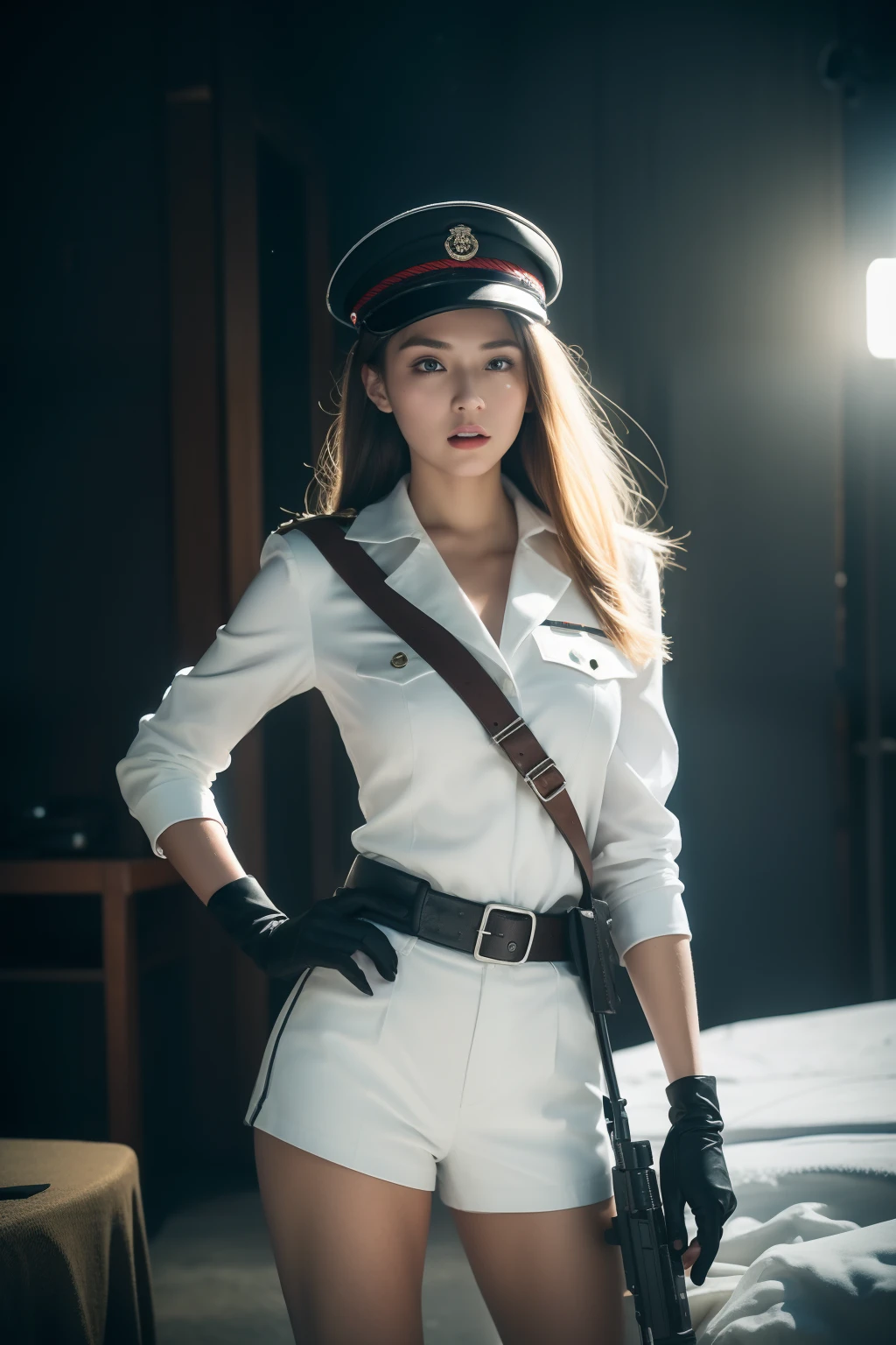 ((Masterpiece:1.2, Best quality)),Movie,dynamicposes,Cinema lenses,A blonde German girl ,Black gloves,Red lips, Pretty face, White hat, White uniform, White skinny shorts, 188cm height, slim build, Full chest,,Exposing thighs, Shoot at a low angle with a gun in the snow, (((Participate in model promotional show battles))). Shot in cinematic style, The scene included several female soldiers armed with rifles on the front line. The images were taken in an otherworldly fantasy world. The color temperature is cool,Slightly bluish tint, Convey a feeling of indifference and tension. The lighting is dramatic,There are harsh shadows and highlights, Highlight the woman's fierce expression. Shot with a Sony A7R IV camera,The aperture is f/2.8, ISO 1600, a shutter speed of 1/200th of a second. UHD dtm HDR 8k.