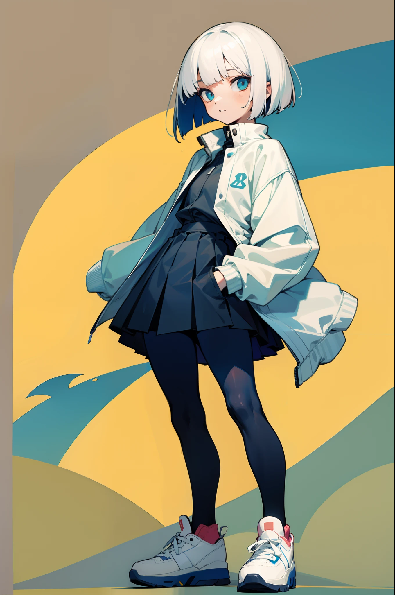 masutepiece, One girl, White Bob Cut, windbreaker, sneakers, spats, to stand, Have a lemon, Flat_Color