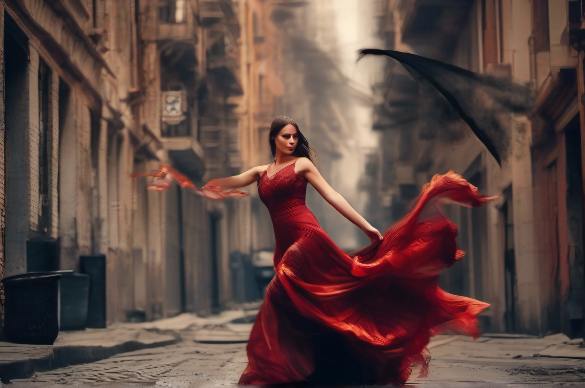 bonita, hermosa, and cruel sexy evil fallen angel woman with huge wings, con un vestido semitransparente rojo en movimiento, Falling into the streets of the apocalyptic city into fiery hell, mirando a la camara y moviendose con gracia