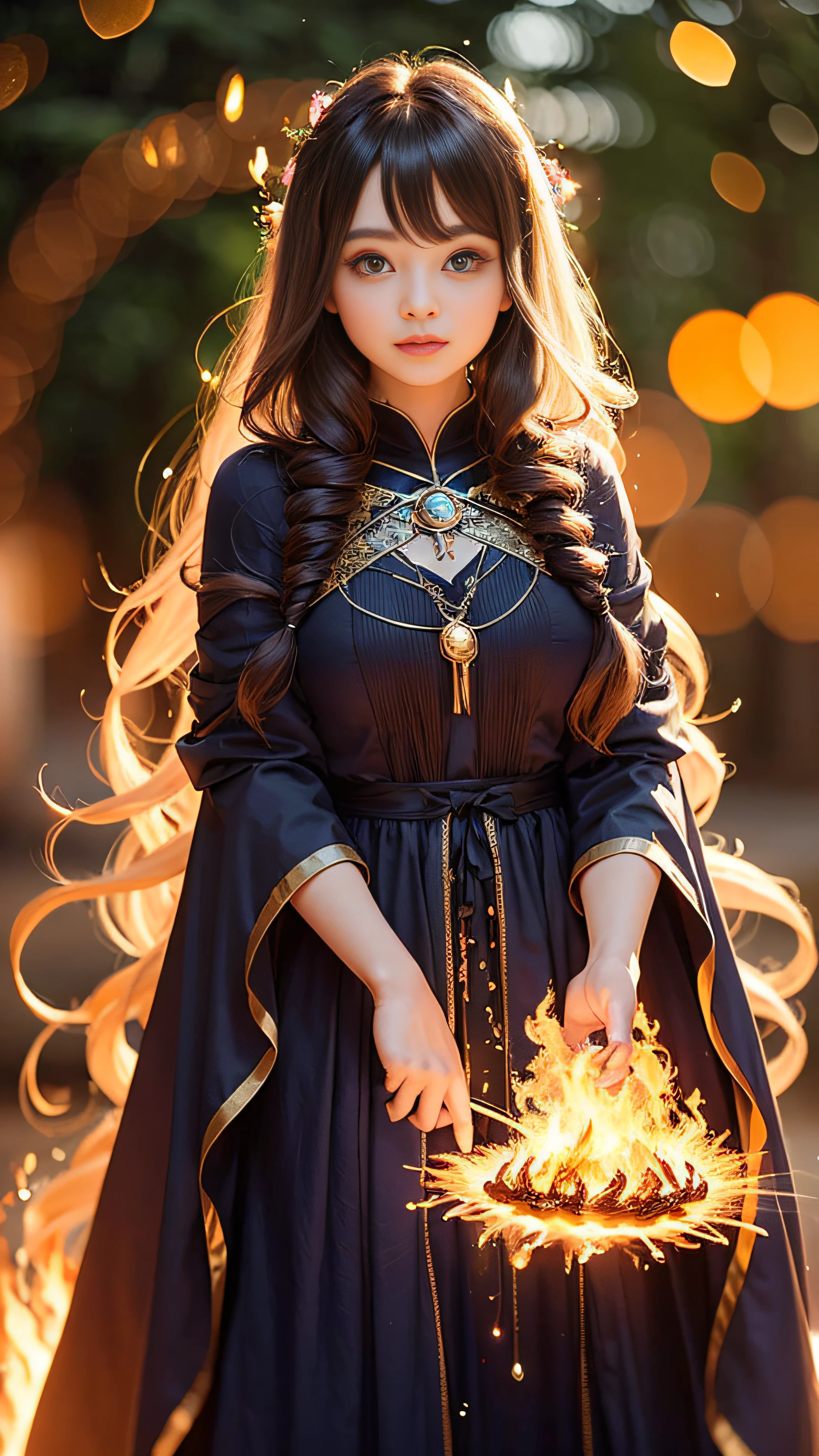 Super beautiful glowing big eyes、((1womanl))、17 years old, a sorceress、magia、Wearing a long dress made of light、magical forest、A flowing、(((firey))magia)、Tight magician's clothes、Magic clothes、(((Flowing hairstyle)))、(((radiant eyes)))、Wearing a cloak、((bokeh dof))、depth of fields、