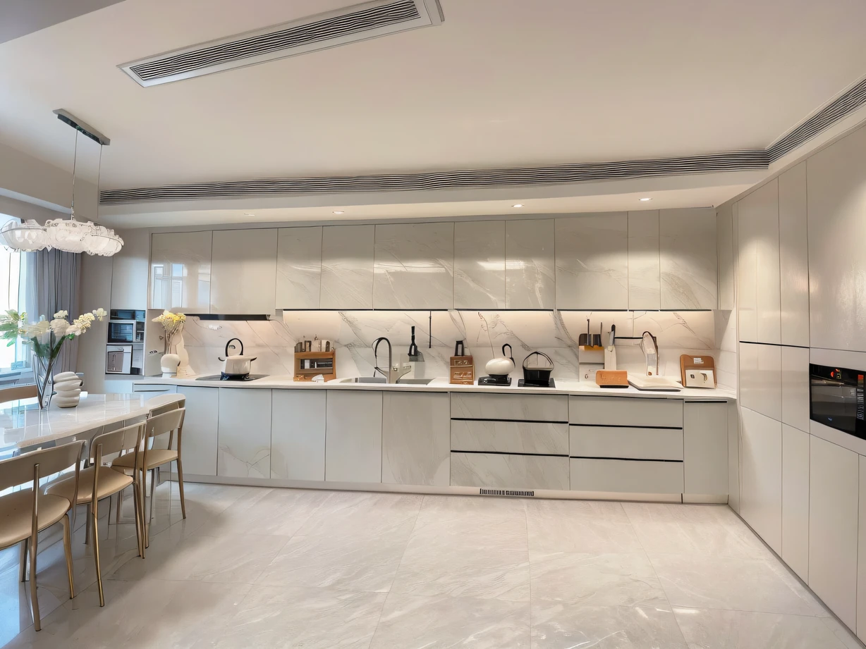 ,masterpiece, best quality,8k, ultra highres,Immerse yourself in this magical kitchen,The silky marble countertops exude an intoxicating aroma,Light and shadow jump under the inlaid crystal chandelier,It's like a fairyland。The metallic kitchenware shows the charm of modern technology,Each manually opened drawer is a surprise encounter,My expectations for food suddenly increased。