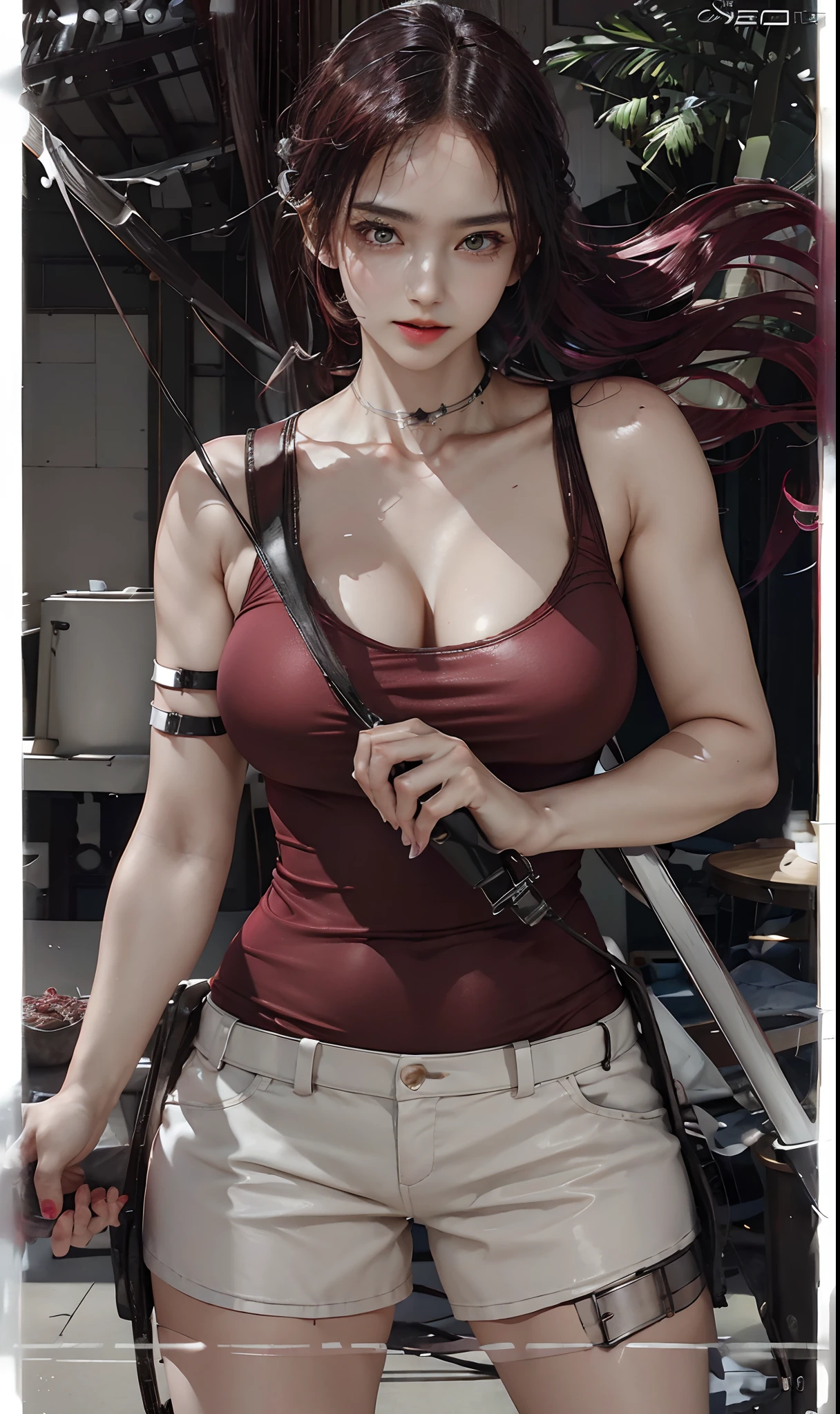 High quality fingers,Normal hands,detailed finger,tmasterpiece,(realisticlying,Photorealistic:1.37),Small waist,dark red colored hair,eBlue eyes,beauitful face,Perfect litthing,beatiful detailed eyes,looking at viewert,stunningly beautiful woman,detailed hairstyles,detailed back ground,shorter pants (8K, RAW photo, Photorealistic:1.25) ,( Gloss on lips, eyeslashes, gloss face, Glossy glossy skin, Best quality, 超高分辨率, Depth of field, color difference, Caustics, Broad lighting, naturalshadow, Kpop idol) tmasterpiece,Best quality,Portrait of 1girl,((best qualtiy)), ((tmasterpiece)), (the detail:1.4), 3D, hdr(HighDynamicRange),Ray traching,NVIDIA RTX,Hyper-Resolution,Unreal 5,Subsurface scattering、PBR Texture、post-proces、Anisotropy Filtering、depth of fields、maximum definition and sharpness、Many-Layer Textures、Albedo e mapas Speculares、Surface coloring、perfectly proportions、rendering by octane、Two-colored light、largeaperture、Low ISO、White balance、the rule of thirds、8K raw data、Raised translucent top, Smaller top, Smaller black lace shorts, Raised, Mature feminization, Flattering eyes, Vivid red lace translucent bra,Flat bare abdomen, Snow-white thighs, White lace stockings, Bare arms, Mature charm deep V open neck,Long shiny pink hair, Red lace translucent shorts perfect figure