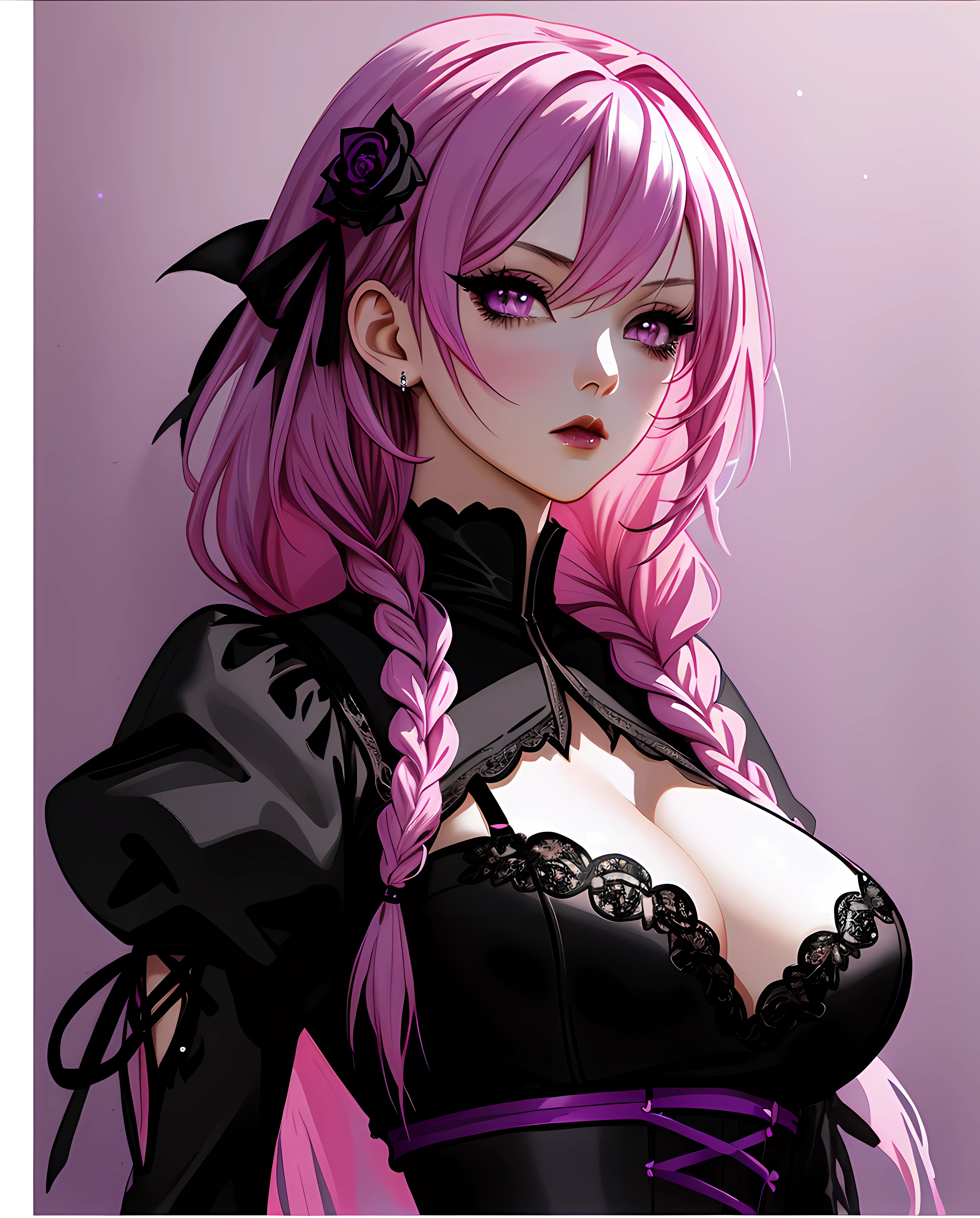 sticker, anime Vampire girl, long pink hair, (black streak braids), gothic style, roses in hair,dark black eyelashes, lilac irises, big breasts, black lace dress, digital illustration, comic style, gothic renaissance, perfect anatomy, centered, approaching perfection, dynamic, highly detailed, watercolor painting, artstation, concept art, smooth, sharp focus, illustration, art by wlop and ross tran, glitter, pink and violet tetradic colors