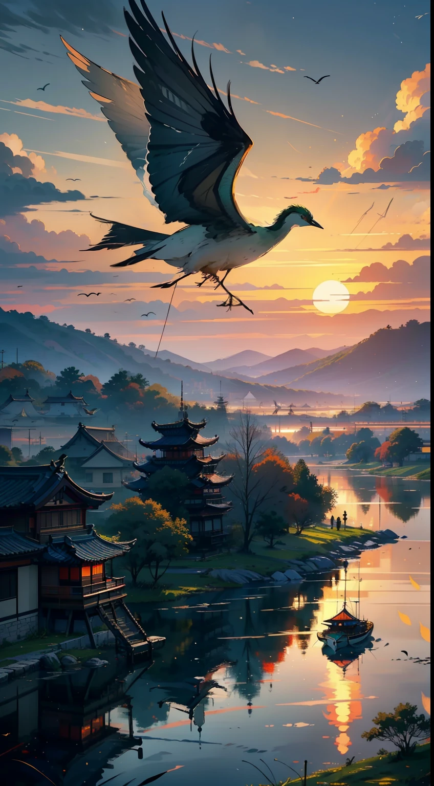 Embroidery,Leaning over,Yamabara has a clear view,Kawasawa was shocked。Lu Yan flew to the ground,Bells Food House;Shipultyazu,The home of the Green Sparrow Yellow Dragon Armour。The clouds are raining,Cai Che District Ming。The sunset and the solitary crane fly together,The autumn water is the same for a long time。Fishing boats sing late,Sounded the shore of poor Penley;The wild geese were frozen,The sound cuts off the shop of Hengyang。(Sunset landscape painting),((The vista is a huge sunset over the skyline)),(Connected to the lake),((Flying birds)),((Several ships)),Autumn tones,(an Chinese ink painting style),(Masterpiece),(Extremely detailed picture description),(8k wallpaper),(Master painting),(Noticeable light and shadow effects),(Ray traching),(Obvious layers),(depth of fields),(best qualityer),Ray