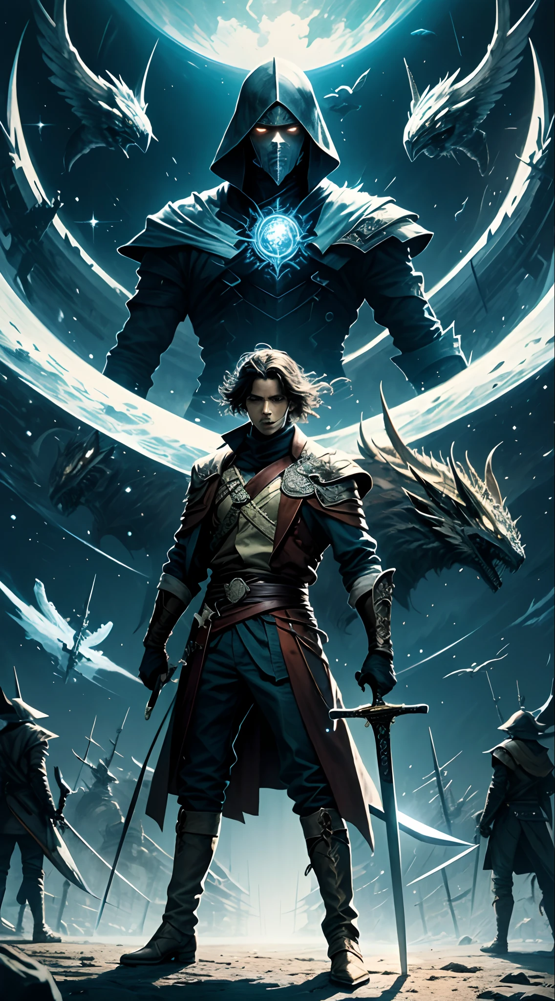 A man stands on the multiverse with a sword in his hand