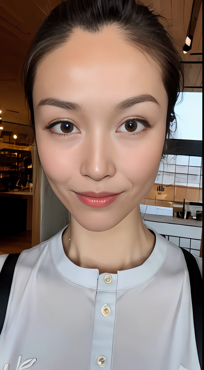 ((top-quality、8K、masterpiece:1.3))、foco nítido:1.2、A beautiful woman with perfect body:1.4、(pony tail hairstyle、small tits:1.2))、(no-bra) (Small and beautiful hard nipple) 、(Inside the Starbucks store:1.2)、Wet body:1.1、Highly detailed facial and skin texture、 Detailed eye、二重まぶた、skin tanned、A sexy、sun burn